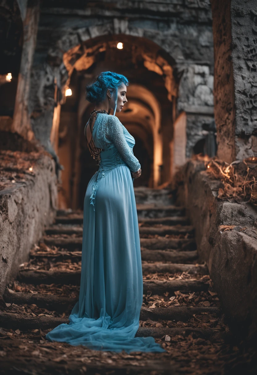 emily, corpse bride at 18 years old at the bed, on all fours showing her ass, pubic hair, blue hair, bridal diadem, deepthroating a 7 inches blue dildo