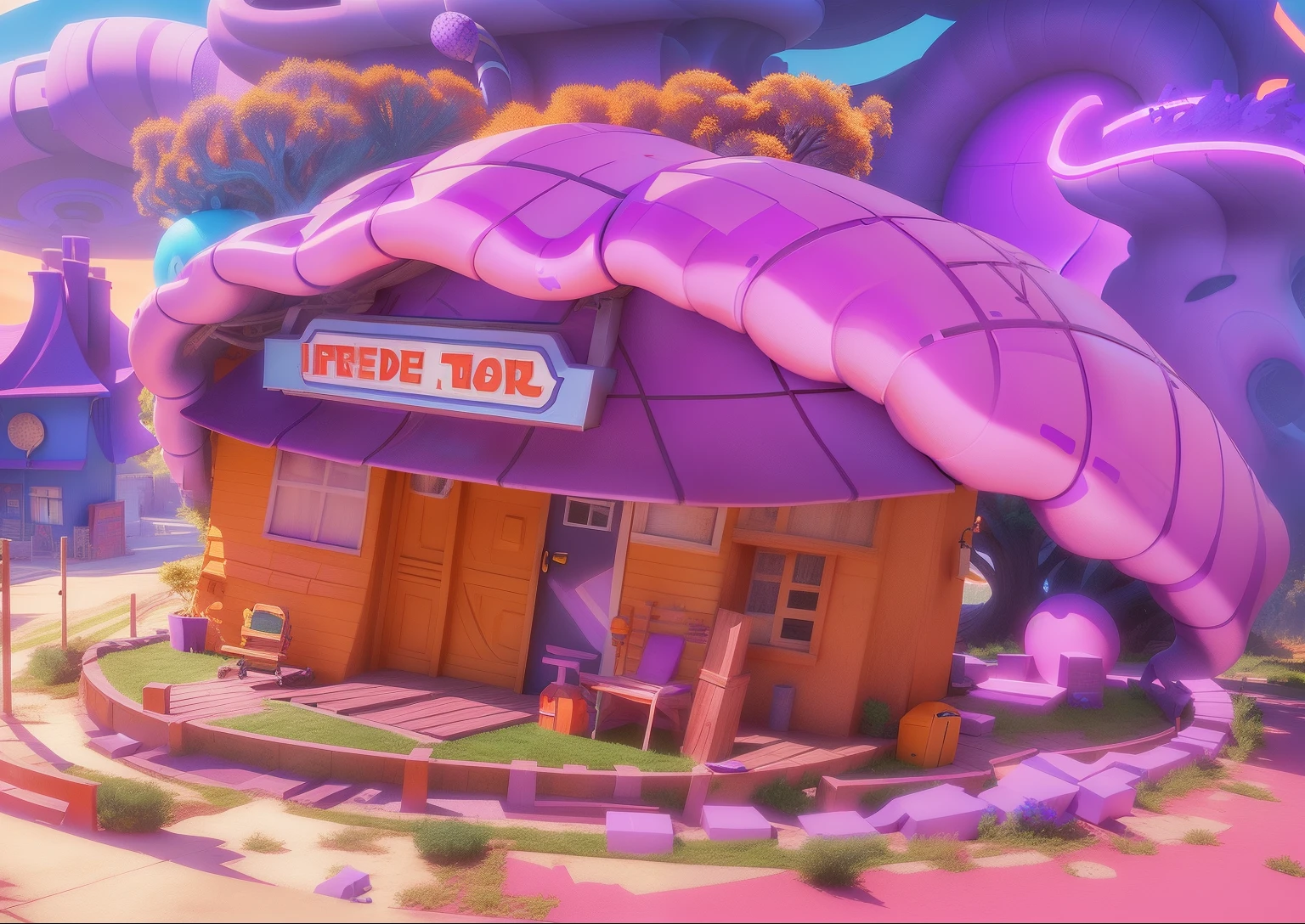 There is a fake purple and orange house,There is a sign on it, background artwork, arte de fundo, Stylized concept art, concept-art, concept-art, 3 d stylize scene, big tentacle sneak around, pixar film setting, Cartoon concept art, production art, Rolands Zilvinskis 3D rendering art, Stylized game art, 3 d render stylized