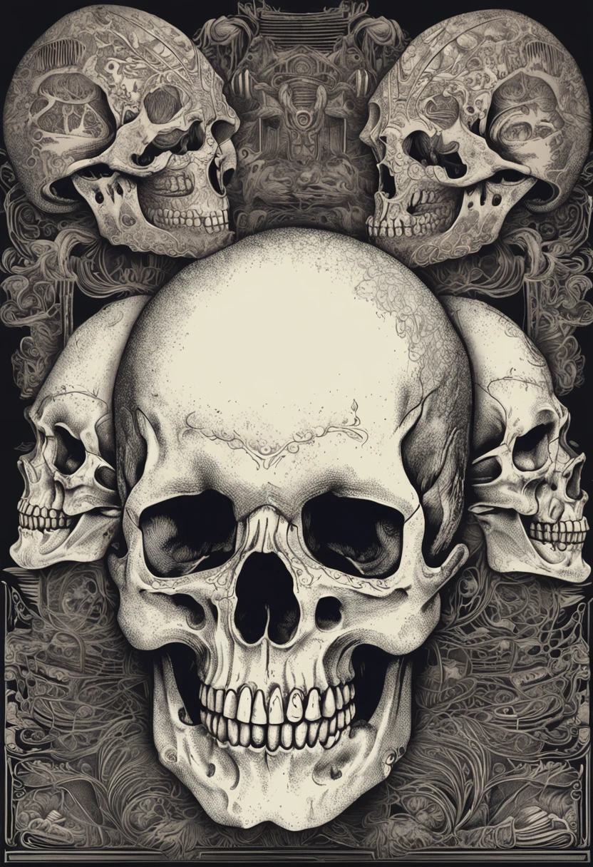 Three skulls in the foreground without jaws, Detailed design with pointillism