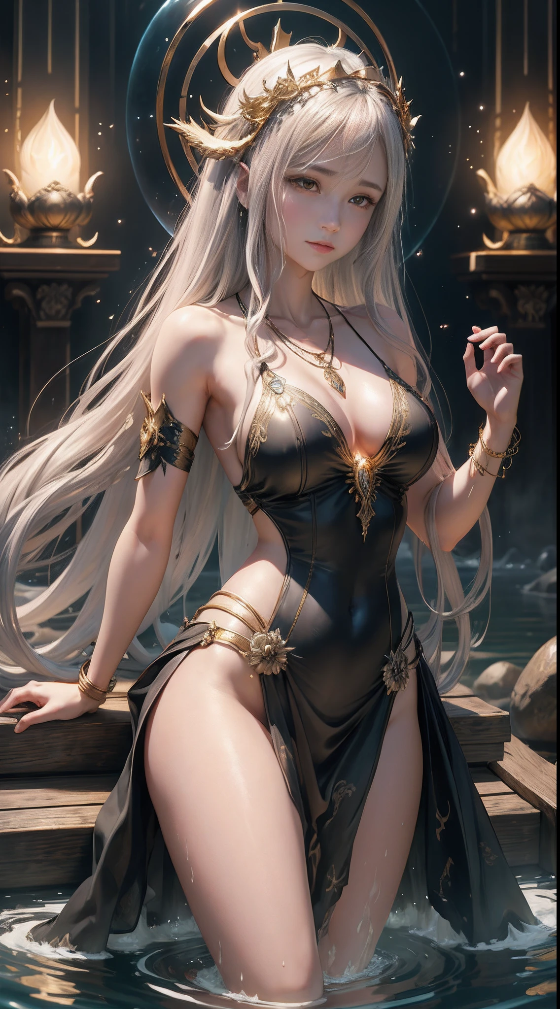 masterpiece、Golden halo、Holy Goddess、Colorful decorative hair ornament、Large necklace encrusted with fine jewels、Delicate facial beauty、Dresses that flow like water、Dress with pale flames、A stream of water that covers the whole body、Supple fingers、Slender body、Fair skin、Long hair disheveled with white silver,、Floating on the surface of the water、Dragon in the sky、Pitch Black Darkness、Suspended light grain、blue flames、splash water
