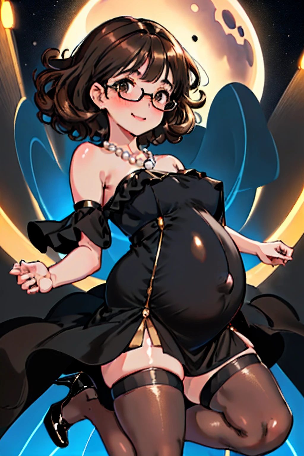 masterpiece, best_quality, 1girl, solo, ager girl, cute girl, ((brown hair), (curly short brown hair), (short brown hair)), brown eyes, round black glasses, cute face, big cheeks, round cheeks, round chin, blushing, smiling, pearl necklace, ((shining black dress), (strapless tight shining black dress), (tight shining black dress)), ((pregnant), (pregnant belly), (pregnancy), (pregnant girl), (round belly)), stockings, dark stockings, high heels, standing, urban background, night, night sky, dynamic pose, dynamic angle