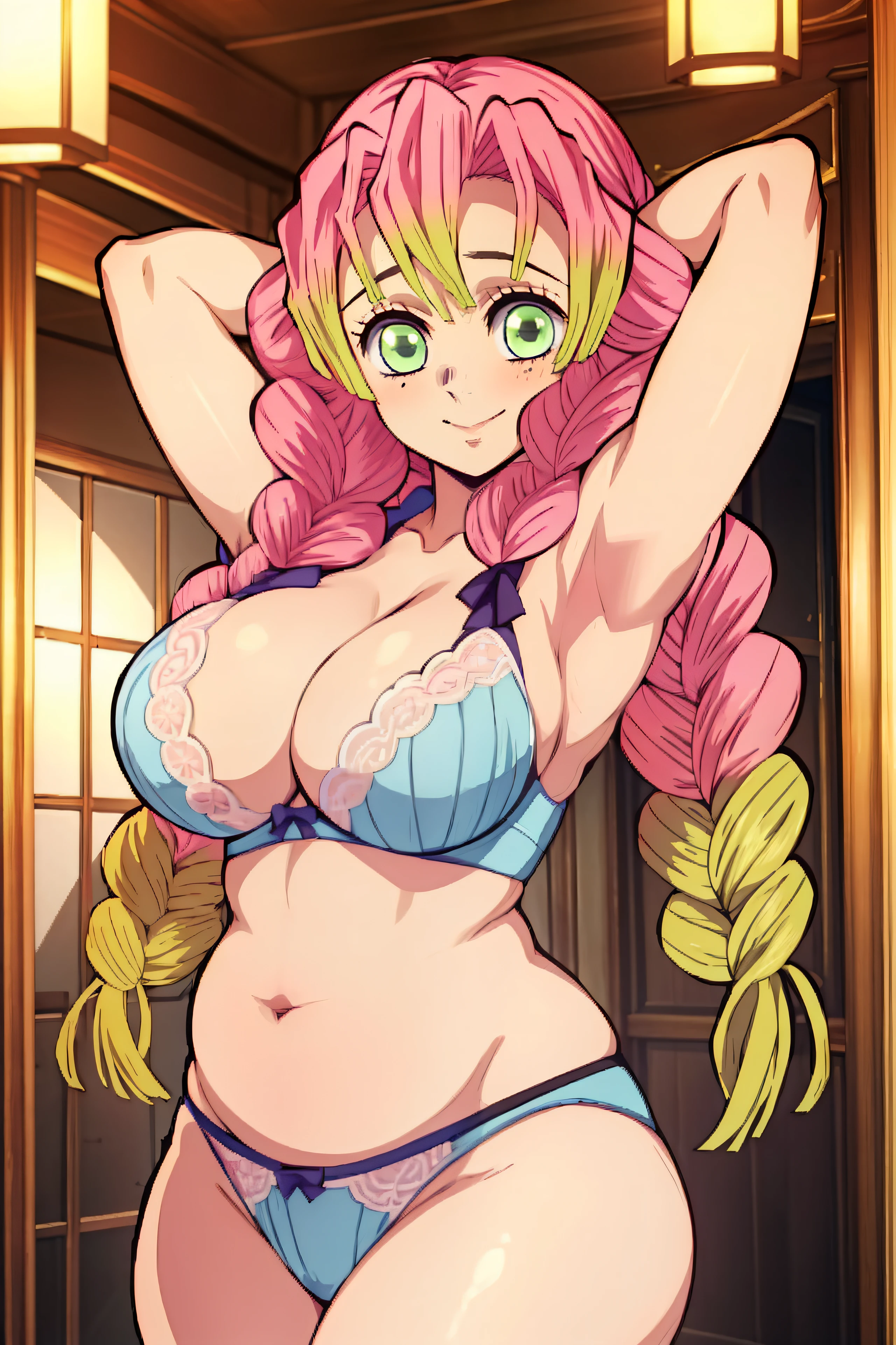 (​masterpiece, Better Quality), 1girl in, Mitsurikan Log, Dazzling, smil, Breast, Armpits, Belly, muscle、PINK Underwear、Lace underwear、Voluptuous body