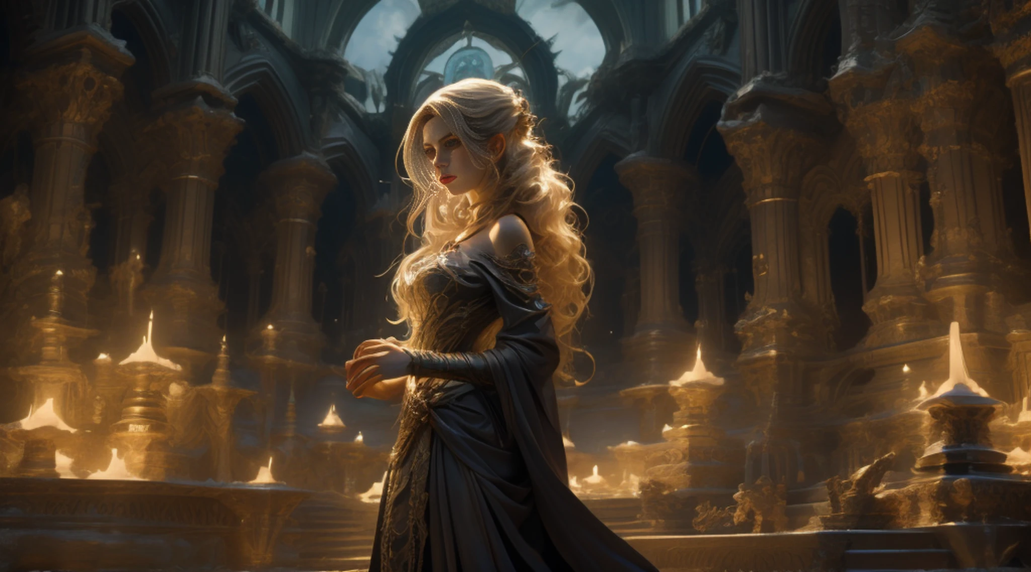Elfo Feminino，seios grandes，Magnificent mantle，Cetro brilhante，Dramatics，dynamicposes，The background is a ruin，（Mid-range portrait：1.3）