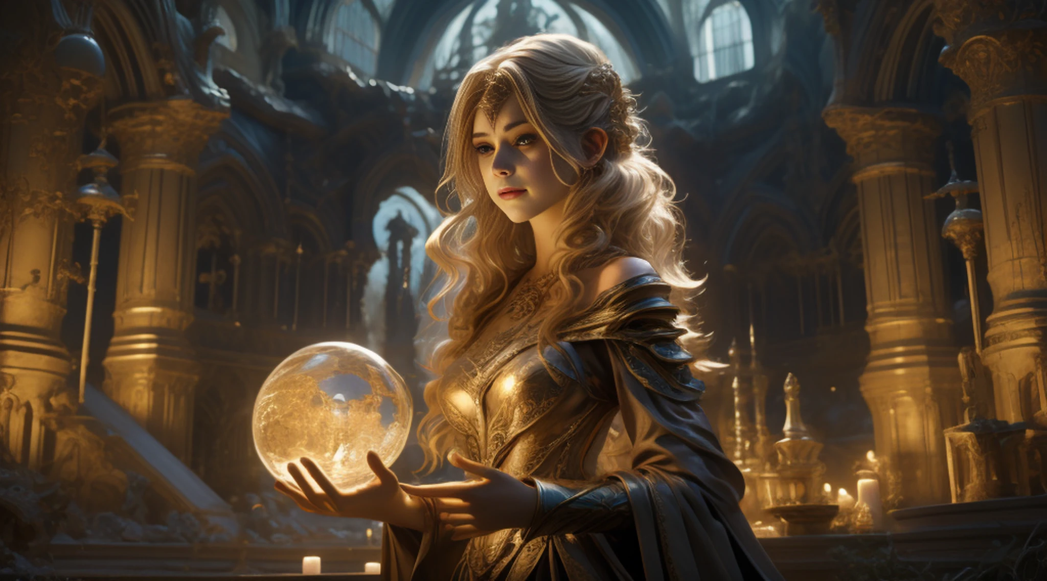 Elfo Feminino，seios grandes，Magnificent mantle，Cetro brilhante，Dramatics，dynamicposes，The background is a ruin，（Mid-range portrait：1.3）