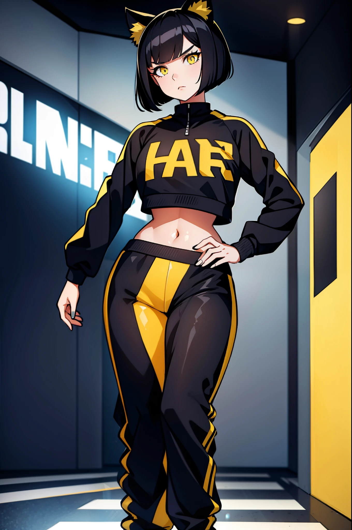 1 girl, bob haircut, cat ears, black hair ,yellow eyes, black and yellow tracksuit, looking at viewer, long track pants, full body, stomach showing, adult, wide hips, narrow eyes