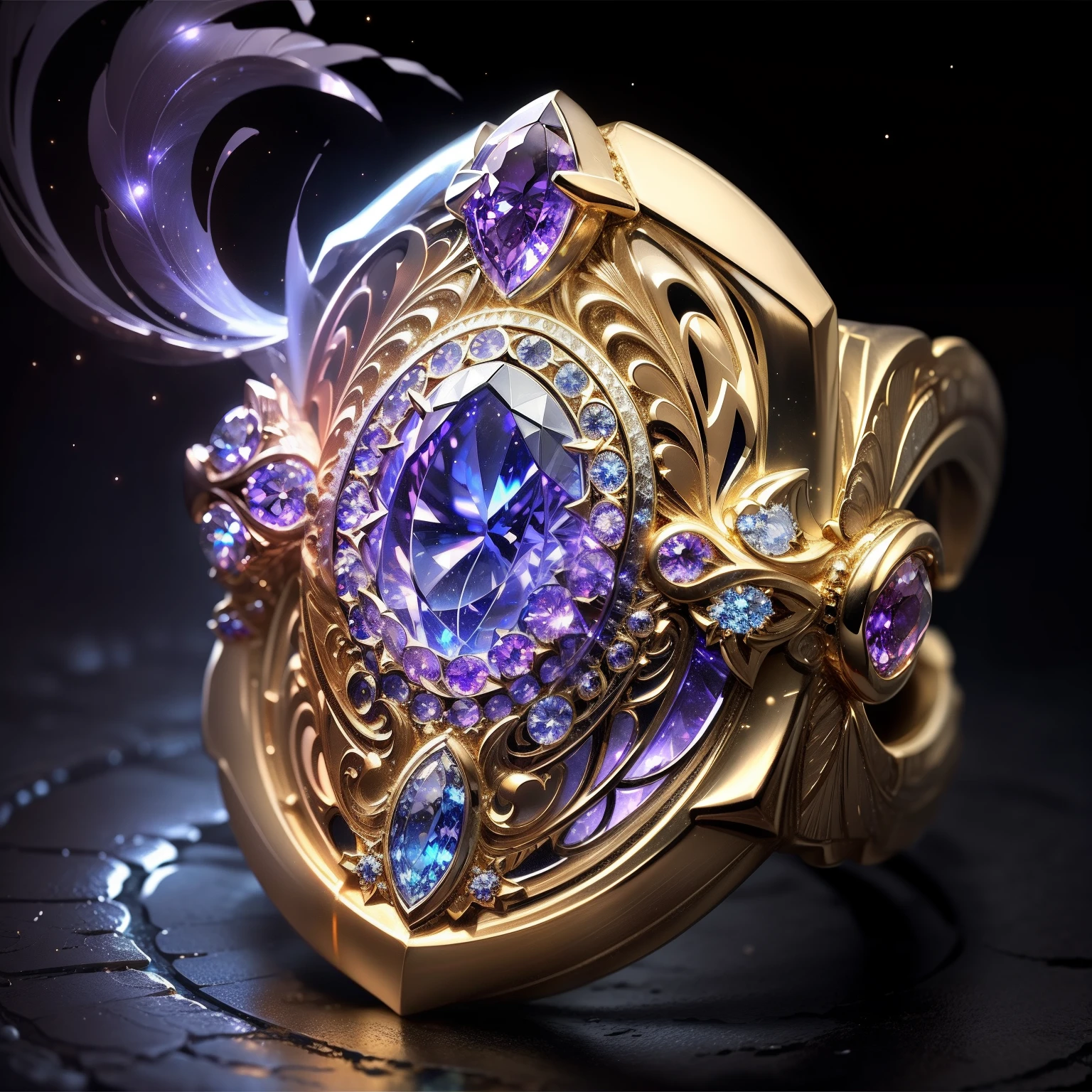 Masterpiece，highest  quality，(Nothing but the ring)，(No Man),Phoenix ring setting，starrysky，Wrapped around the end from beginning to end，Delicate silver ring，Starry sky in the ring,The sheen，inverted image，Sparkling blue-purple gemstones，Elegant and noble,simple backgound