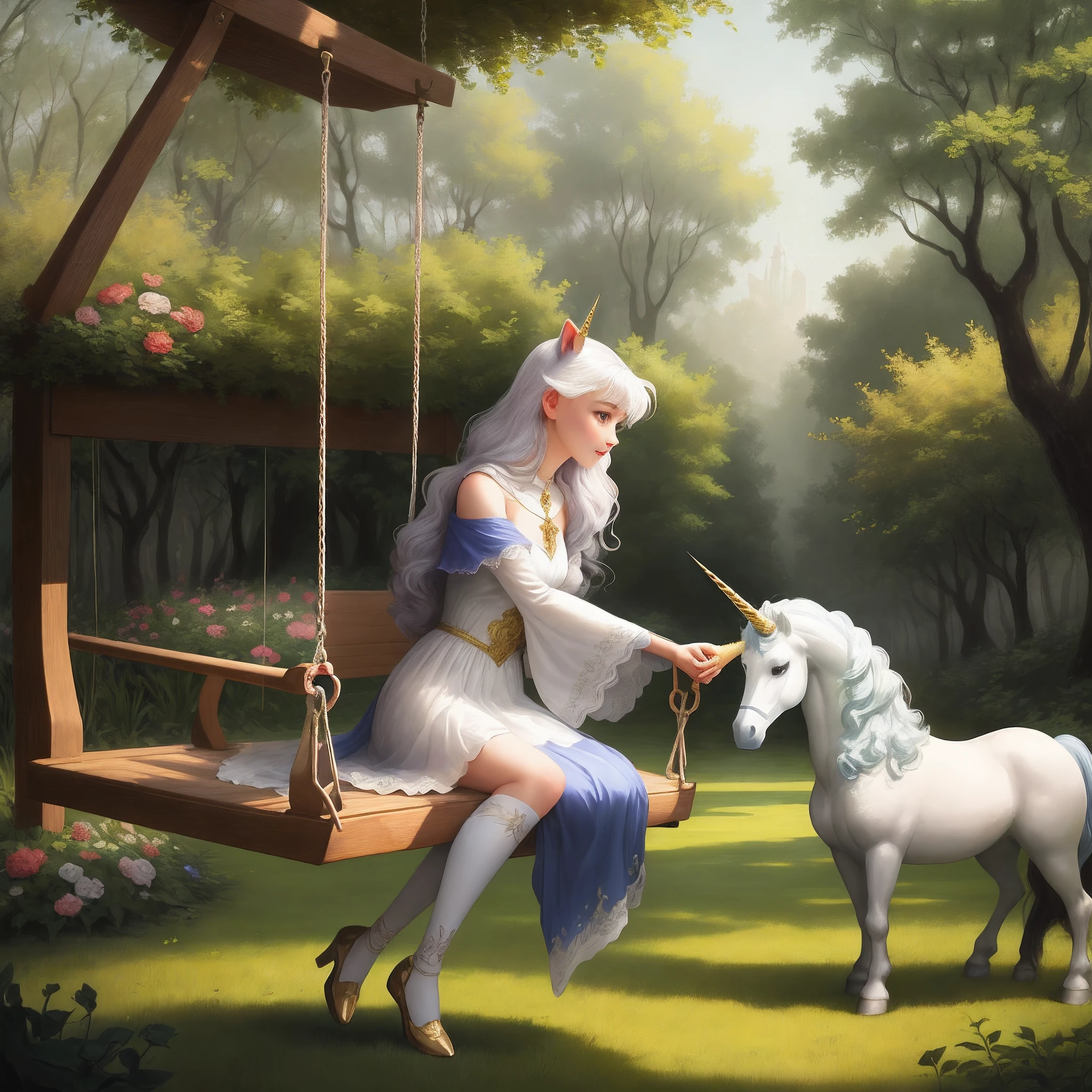 A girl is sitting on a swing in an enchanted garden, while a white and golden unicorn approaches her. The girl reaches out to pet the unicorn, which leans towards her with a gentle and loving gaze