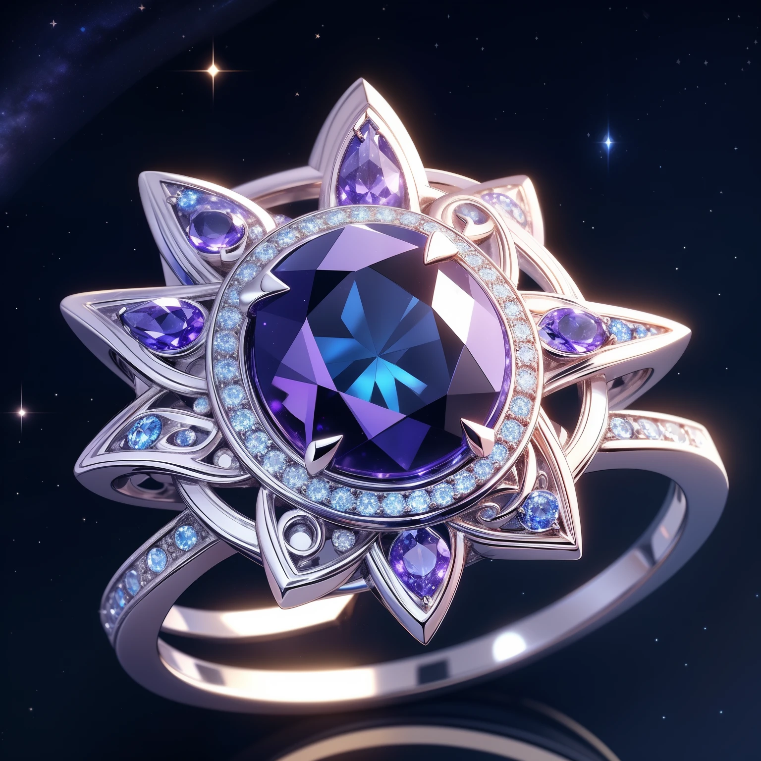 Masterpiece，highest  quality，(Nothing but the ring)，(No Man),Phoenix ring setting，starrysky，Wrapped around the end from beginning to end，Delicate silver ring，Starry sky in the ring,The sheen，inverted image，Sparkling blue-purple gemstones，Elegant and noble,simple backgound