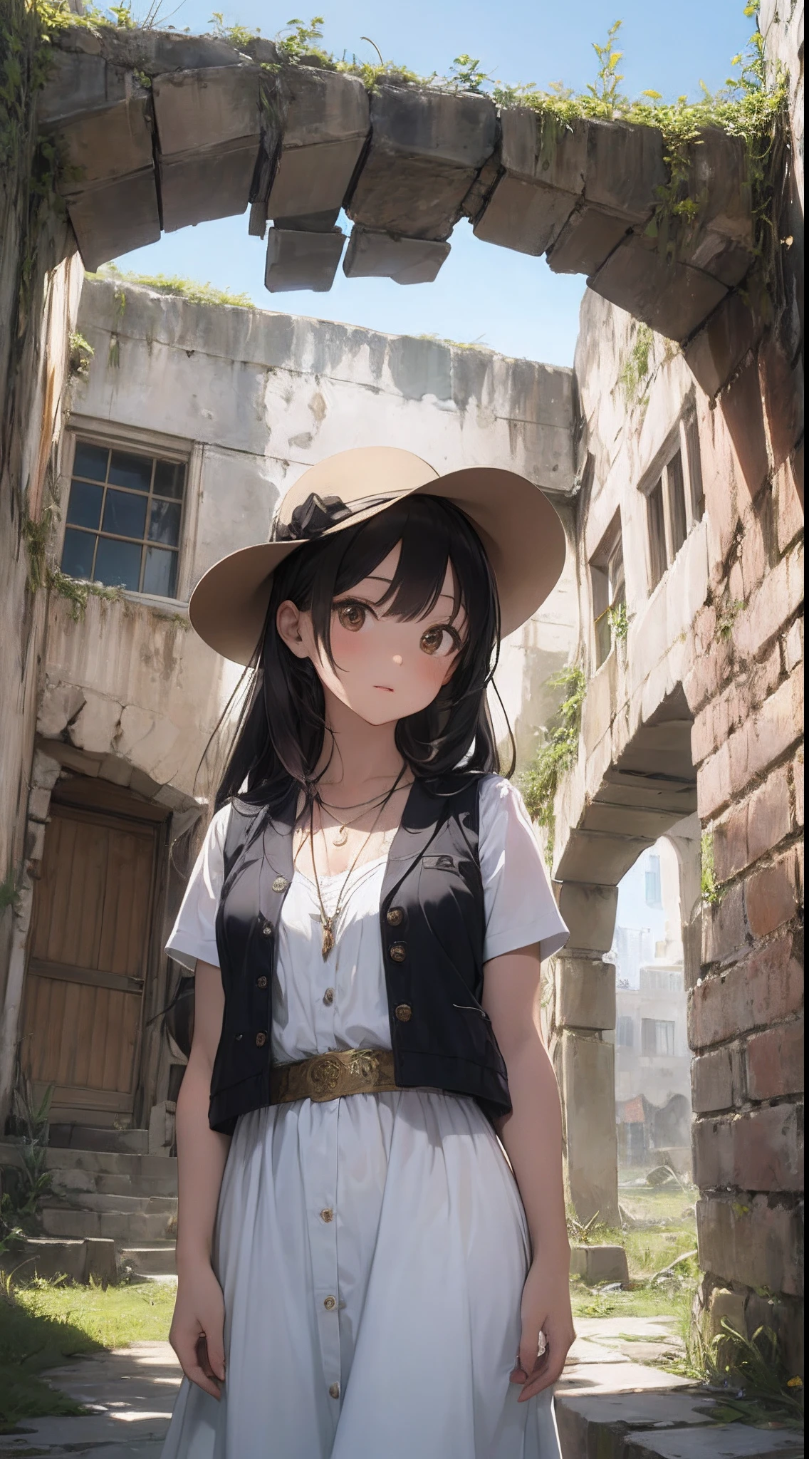 It depicts a young girl exploring traditional ruins in the Middle East。She is cute and has outstanding beauty.、It has a dainty and clear expression。She wears a white dress and brown vest.、I wear a pendant around my neck。Her hairstyle is long straight hair.、I'm wearing a hat。She is in a ruin.、Artwork such as murals and sculptures in the corner々It is meticulously drawn up to。The ruins are from ancient Egypt、Deities々and royalty can be seen。She feels like she's watching closely with the camera from below.、Surprise and excitement are conveyed。
