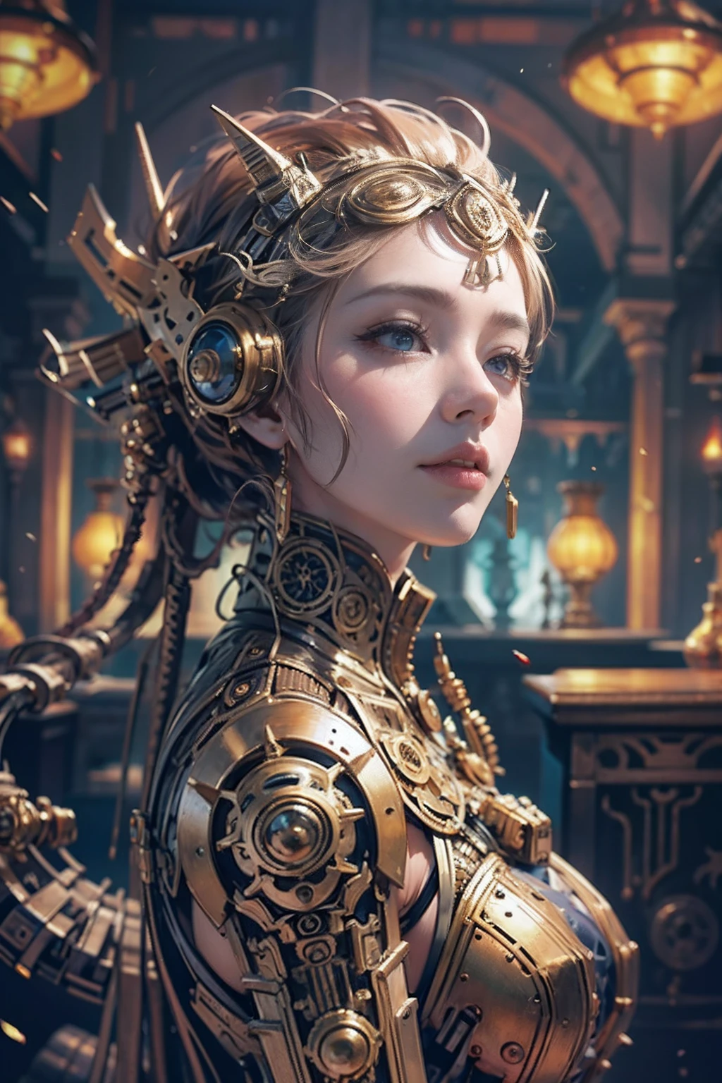 meccog, in a panoramic view, full bodyesbian, best qualtiy, tmasterpiece, 超高分辨率, (真实感:1.4), absurderes, Cinema lights, (Best vista photos of mechanical girls),(koh_amberheard:0.9), extremelydetailedface,Fantasy sci-fi creatures，ultra-realistic realism，steampunc，intricatedesign，extremely higly detailed，exquisite detailing，high-heels，Bare with thighs