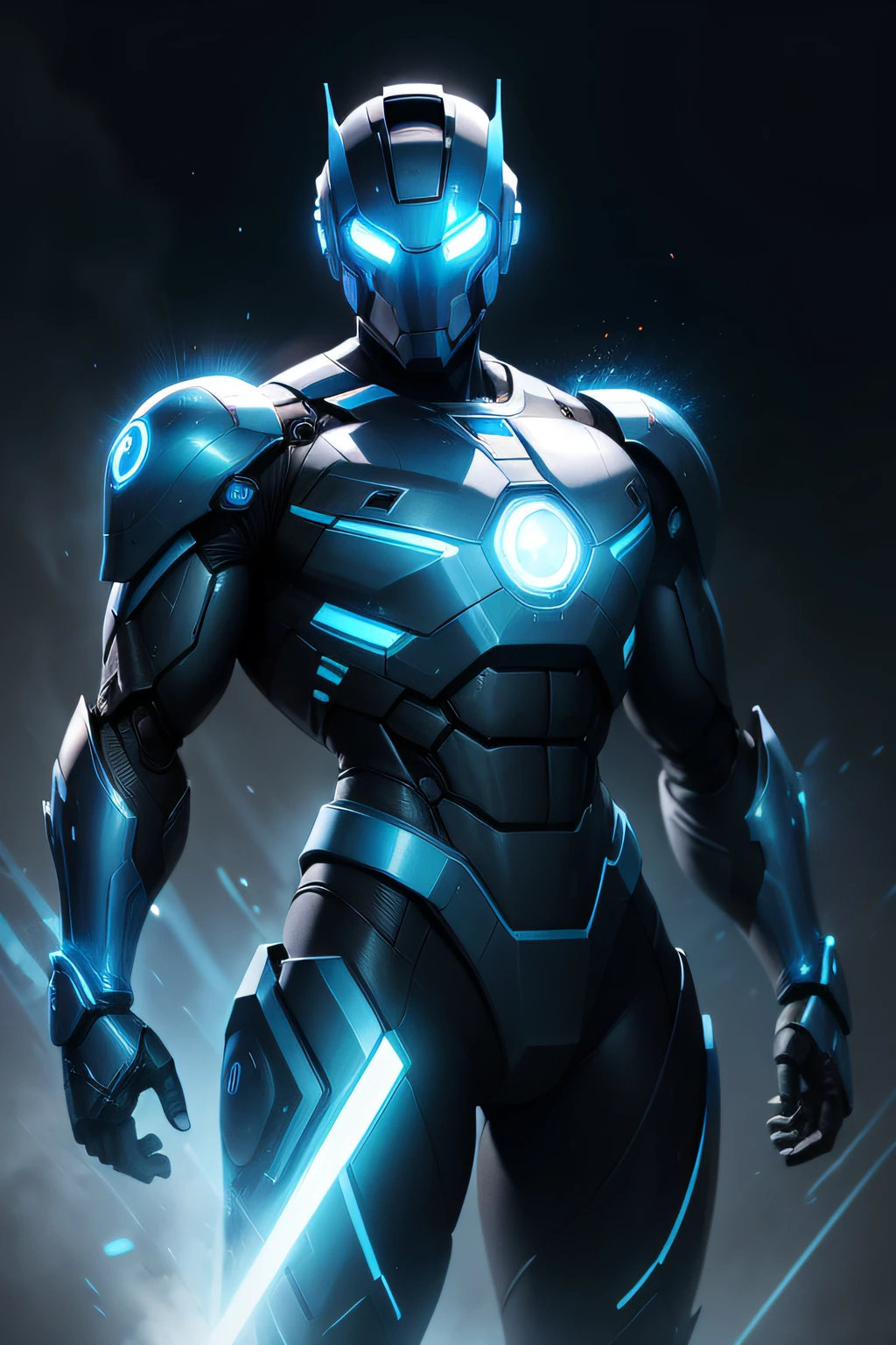 a robot super hero named photon man with blue lights, smooth helmet with mask, hand blasters.
