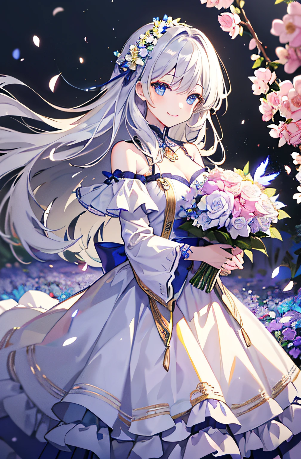 (best quality, high resolution, illustration, extremely high quality, high definition, ultra-fine detailing), a silver-haired girl with long hair standing in a beautiful garden blooming with flowers, a subtle smile on her face, holding a large bouquet of flowers, wearing a cute ethnic-inspired dress with frills on the shoulders, her hair gently swaying in the wind.