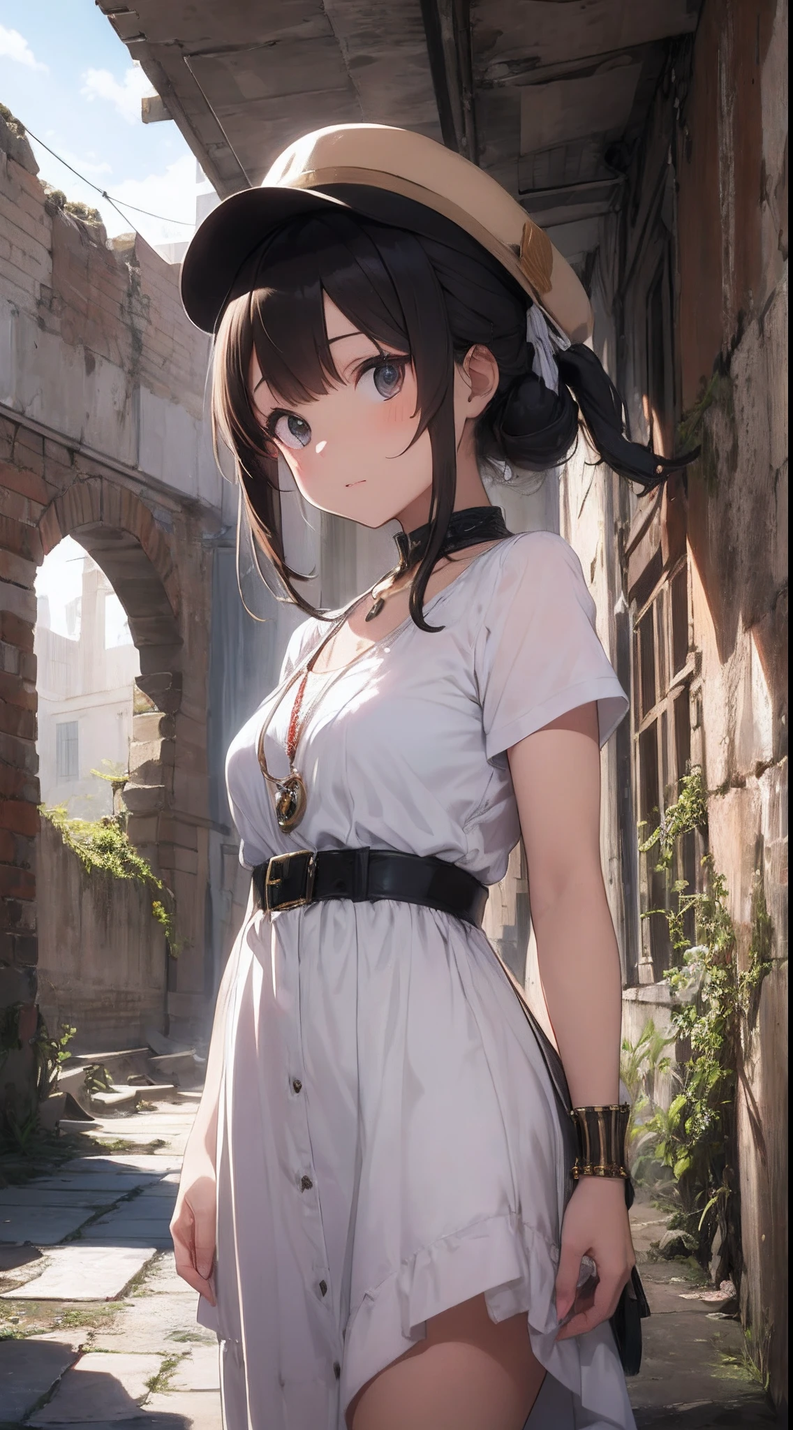 It depicts a young girl exploring traditional ruins in the Middle East。She is cute and has outstanding beauty.、It has a dainty and clear expression。She wears a white dress and brown vest.、I wear a pendant around my neck。Her hairstyle is long straight hair.、I'm wearing a hat。She is in a ruin.、Artwork such as murals and sculptures in the corner々It is meticulously drawn up to。The ruins are from ancient Egypt、Deities々and royalty can be seen。She feels like she's watching closely with the camera from below.、Surprise and excitement are conveyed。