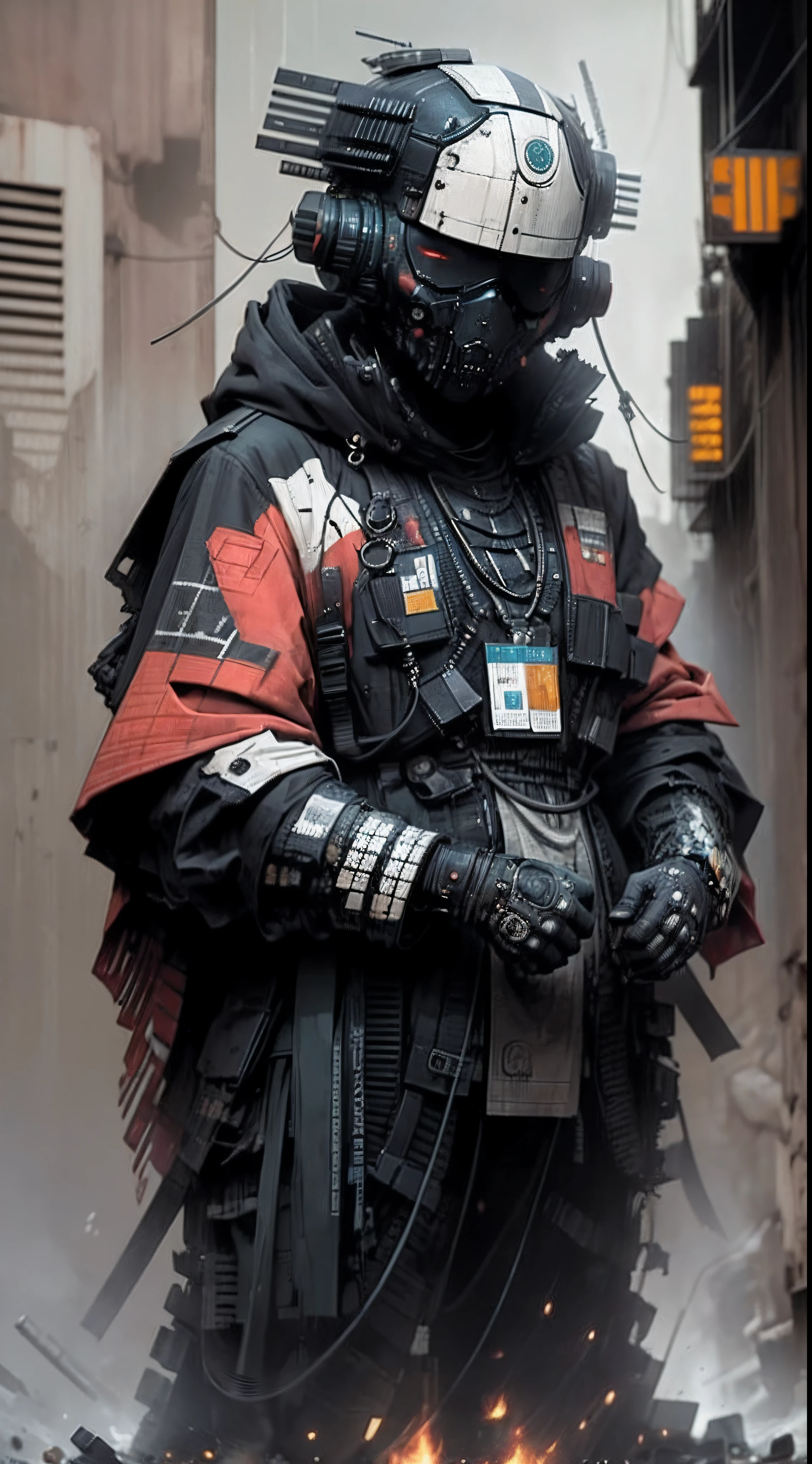 (((Best quality))), ((masterpiece)) a, sexy female terminator robot, she’s a samurai cyborg wearing a gorgeous neo-Japanese black; red and gold trimmed ((kimono)) with intricately detailed feudal Japanese ornamental shapes, neo-Japanese, holding two swords, black shiny mask, red eyes, perfect face, full body, dark palette avant garde Japanese minimalism, Japanese rococo aesthetic, {{{dark neo-noir cyberpunk art}}} by Hajime Sorayama, ESAO, Mike mignola, Dan hillier and inspired by Konami games dark futuristic sci-fi , sexy robot, macabre, Dark and surreal, hauntingly beautiful, cgsociety, dark palette grunge, nuclear art, apocalypse art, dystopian art, sabattier filter, vhs analog aesthetic, cosmic horror, retro futuristic, !!Cinematography by Dan Laustsen and Christopher Gans and creatively directed by Peter Lindbergh and Nick knight, carefully set in frame, perfect composition, dark post apocalyptic scorched earth background, black art minimalist, sci-fi horror, nightmarecore, glitchcore, fantasy horror, strangely ominous, dark and colourful dystopian surrealism, nightmarefuel, analog horror, space opera horror, by art machine, dark palette illustration, masterpiece, airbrush art, apocalypse art, detailed painting, neon horror story, maya render, cinematic lighting, vignette, HQ matte painting, a dar narrative is unfolding here!! Created with absolute Precision with careful attention to detail.