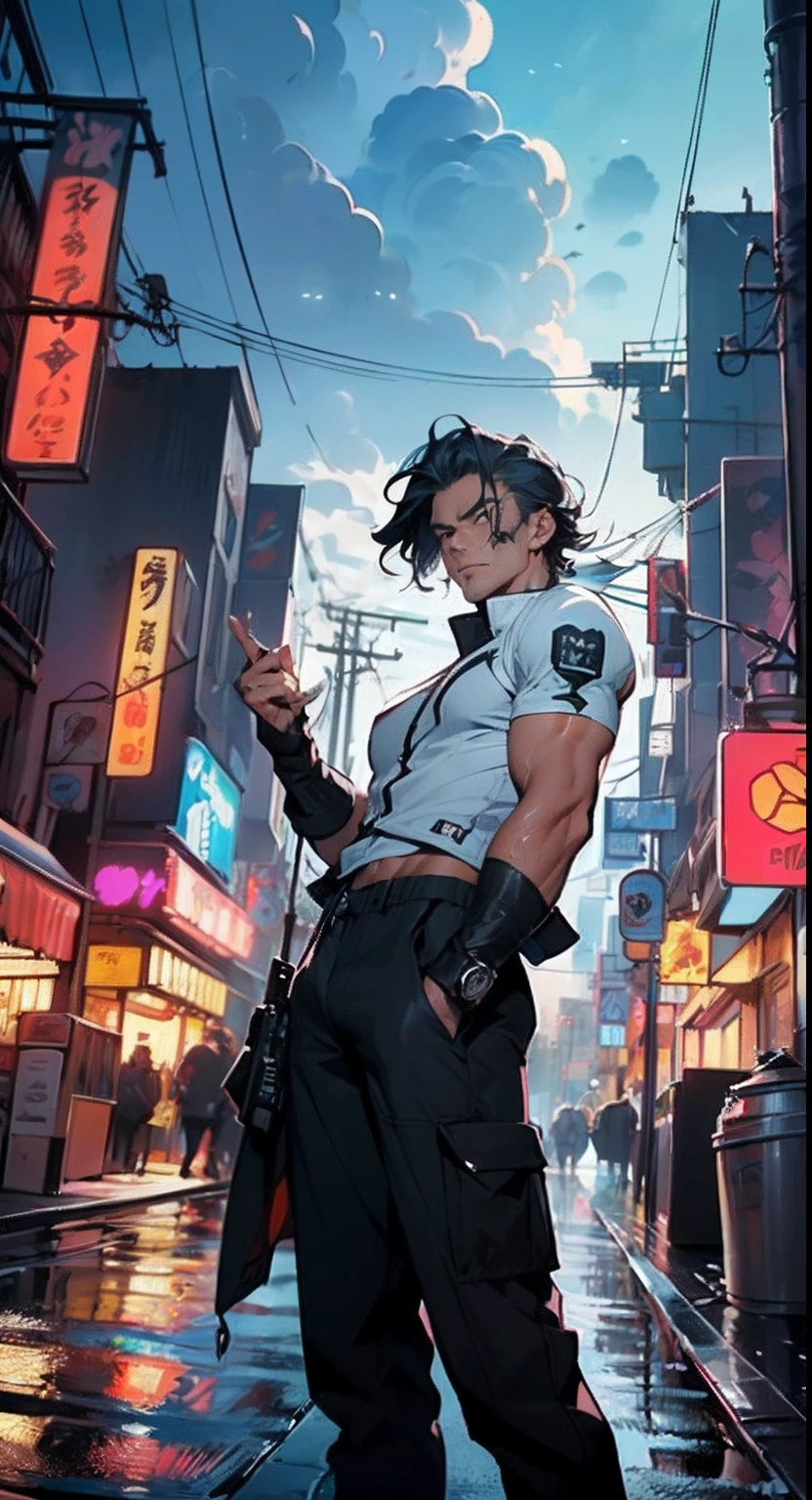 bounty hunter man,(((1man))),((man)),
(((1male,man:1.5,handsome man,male,male gender:1.5,male focus))),
((medium black hair,disheveled hair,blue hair,black hair,two-tone hair)),(((lustrous skin:1.5,tanned skin,bright skin: 1.5,skin tanned,shiny skin,very shiny skin,shiny body,illuminated skin))),((detailed eyes,perfect eyes,rainbow glows ultra-detailed orange brown eyes:1.1,gradient eyes:1,finely detailed beautiful eyes:1,symmetrical eyes:1,big highlight on eyes:1.2)),man chest,handsome face,((muscular,hairy body,muscular man)),((hand consists of a short thumb and four fingers,a hand with only five fingers,(detailed face))),
alluring look,nsfw,
bounty hunter pants,((bulge in pants)),((bounty hunter outfit)),(wearing a bounty hunter outfit:1.3,bounty hunter clothes),((wet clothes,detailed outfit,detailed clothes)),
(dynamic pose:1.0),solo focus,((evil smile,evil look)),(centered,scale to fit dimensions,Rule of thirds),
cyberpunk city by the ocean at night, with bright neon signs and dark stormy clouds and puddles,
High resolution, sharp focus, (ultra detailed, extremely detailed), (photorealistic artwork:1.37), 8k wallpaper,((synthwave background theme)),((vibrant colors)),(intricate),masterpiece,(best quality),
