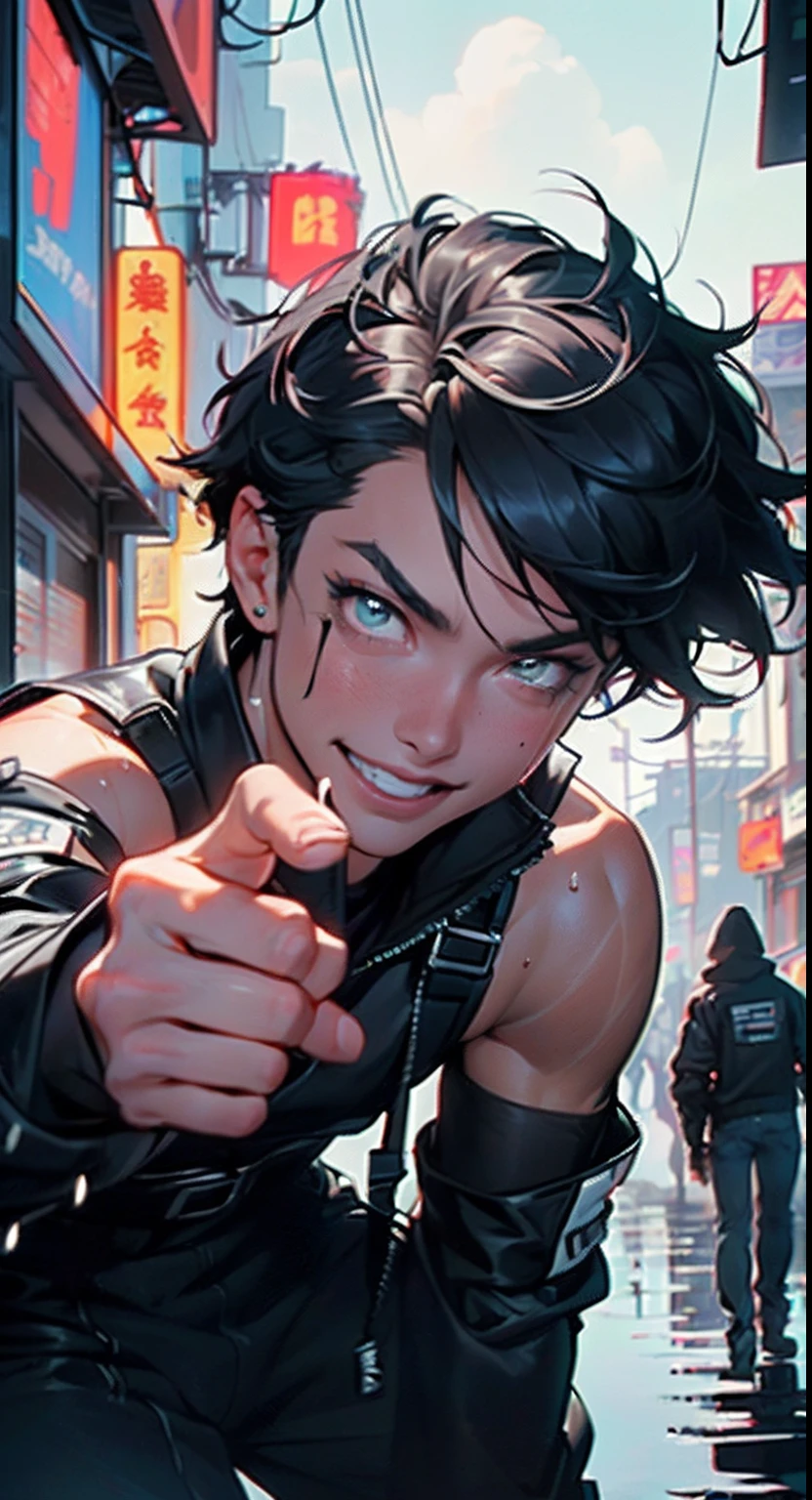 bounty hunter man,(((1man))),((man)),
(((1male,man:1.5,handsome man,male,male gender:1.5,male focus))),
((medium black hair,disheveled hair,blue hair,black hair,two-tone hair)),(((lustrous skin:1.5,tanned skin,bright skin: 1.5,skin tanned,shiny skin,very shiny skin,shiny body,illuminated skin))),((detailed eyes,perfect eyes,rainbow glows ultra-detailed orange brown eyes:1.1,gradient eyes:1,finely detailed beautiful eyes:1,symmetrical eyes:1,big highlight on eyes:1.2)),man chest,handsome face,((muscular,hairy body,muscular man)),((hand consists of a short thumb and four fingers,a hand with only five fingers,(detailed face))),
alluring look,nsfw,
bounty hunter pants,((bulge in pants)),((bounty hunter outfit)),(wearing a bounty hunter outfit:1.3,bounty hunter clothes),((wet clothes,detailed outfit,detailed clothes)),
(dynamic pose:1.0),solo focus,((evil smile,evil look)),(centered,scale to fit dimensions,Rule of thirds),
cyberpunk city by the ocean at night, with bright neon signs and dark stormy clouds and puddles,
High resolution, sharp focus, (ultra detailed, extremely detailed), (photorealistic artwork:1.37), 8k wallpaper,((synthwave background theme)),((vibrant colors)),(intricate),masterpiece,(best quality),