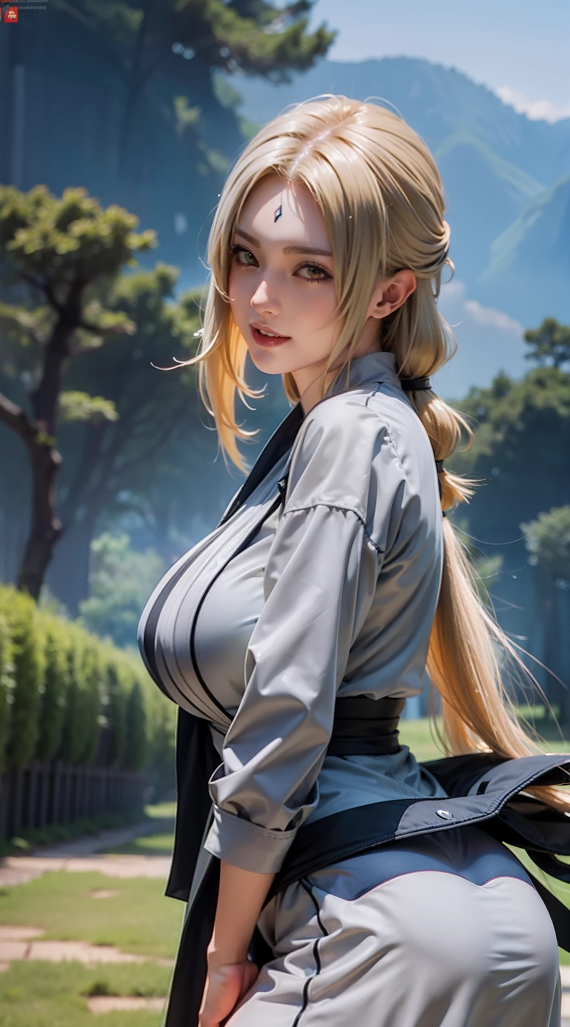 1girl, tsunade in anime naruto, long hair, yellow hair, yellow eyes, smile, beautiful, sexy dress, sexy clothes, grey clothes, very big breast, realistic clothes, detail clothes, outdoor background, ultra detail, realistic