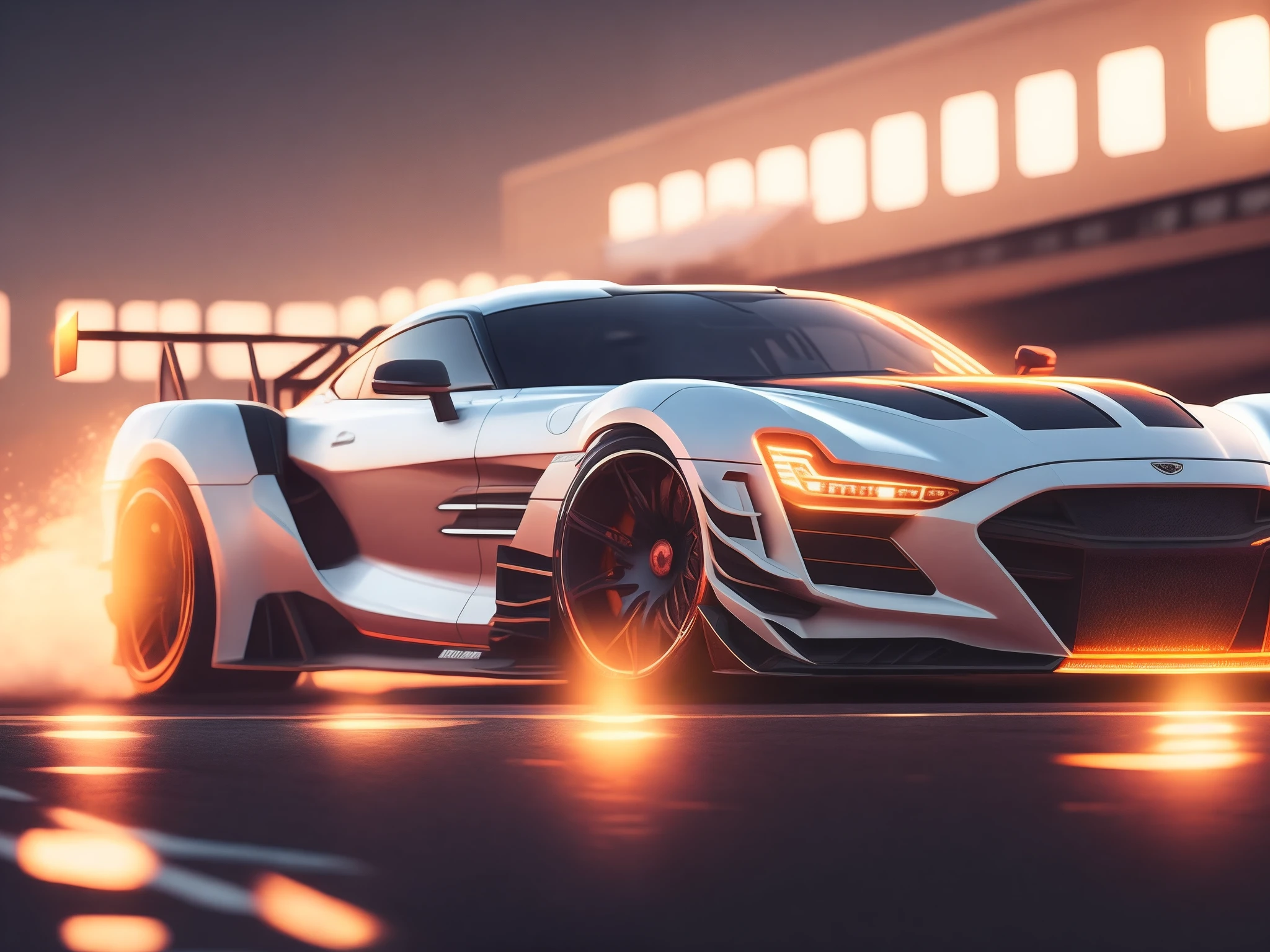 arafed wide body white sports car driving on a city street at night, front view, head on view glowing ember headlights, aggressive front end, no emblems, no emblem on grill, hq 4k phone wallpaper, hq 4k wallpaper, 8k stunning artwork, wallpaper 4k, wallpaper 4 k, 4 k render, 4k render, cinematic 4k wallpaper, cinematic 4 k wallpaper, cinematic front shot, wallpaper mobile, extreme render, 8k render, 8 k render, shallow depth of field,