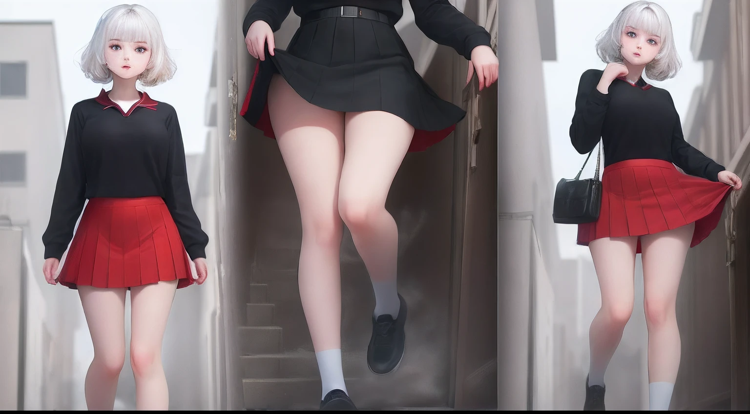 Masterpiece,girl,full body, standing,short and white hair, blue eyes, and wearing high school uniform( black shirt) (black and red skirt), and a tank,high resolution