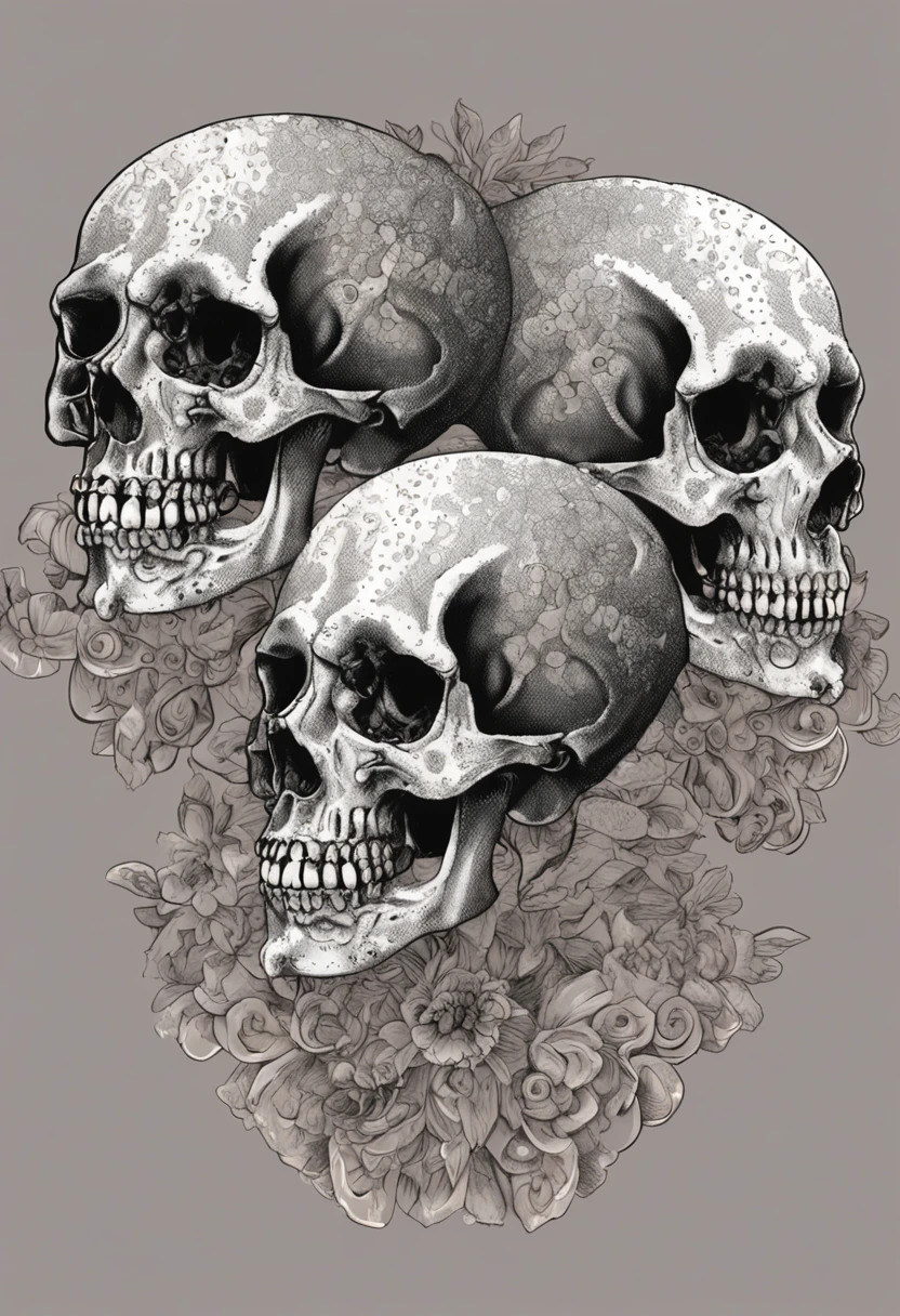 Three skulls in the foreground without jaws, Detailed design with pointillism, same proportion, puntillismo, gothic art