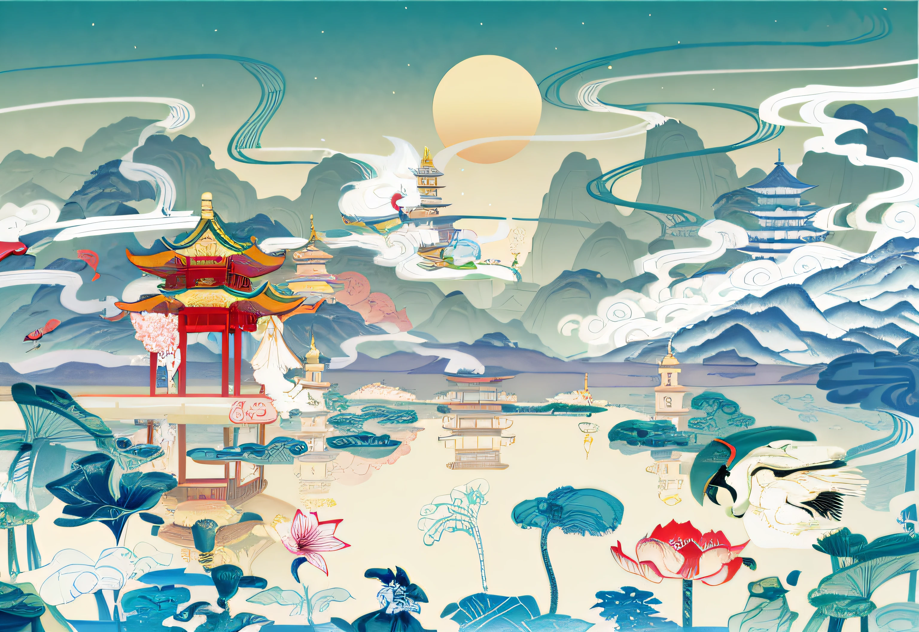 In the middle there are landscape illustrations of the pagoda and the pagoda, Chinese landscape, dreamland of chinese, A beautiful artwork illustration, Chinese style painting, cosmology of kyoto landscape, artwork in style of sheng lam, an illustration of inspired by Victo Ngai, Chinese fantasy, chinese surrealism, Chinese painting style, inspired by Lu Guang