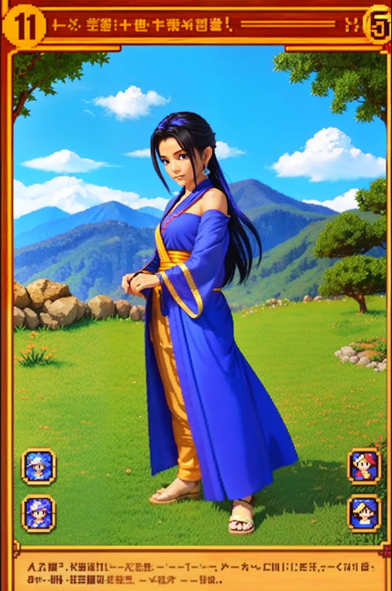 鸟山明风格，pixel game《dragon quest》，Game character design，（female archer：1.4），Robe，16-bit pixels