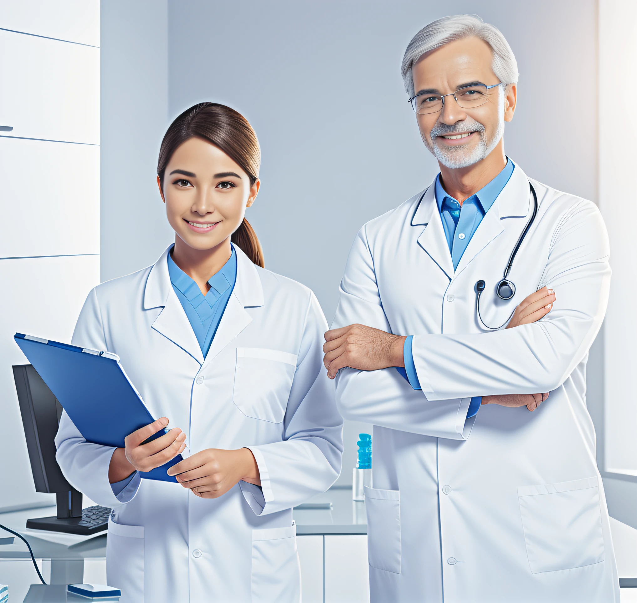 Male and female doctors standing in the ward, wearing a white lab coat, wearing lab coat and a blouse, Wearing a lab coat, Wearing a lab coat, wearing lab coat and glasses, clean medical environment, the doctor, Scientists, Wearing a lab coat, labcoat, lab coat and tee shirt, male physician, doctor, the scientist, healthcare worker，skin detailed，Wrinkles，skin textures，8K high-definition，Smile and show your teeth，hair detail，skin pore，HD face，Eye detail portrayal