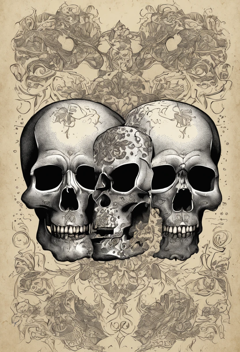 Three skulls in the foreground without jaws, Detailed design with pointillism, same proportion, puntillismo, gothic art
