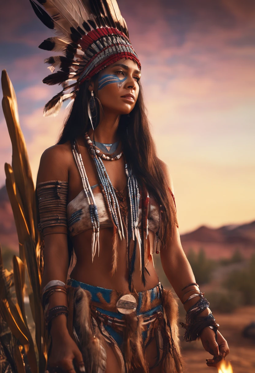 ultra detailed artistic photography, Native American beautiful Apache female, tee pee, moonlight, fire pit, feathers, sexy, dreamy, glowing, backlit, shadows, oil on canvas, smooth, ultra high definition, 8k, ultra sharp focus, intricate artwork masterpiece, flowy outfit, highly detailed, vibrant, production cinematic character render, ultra high quality model