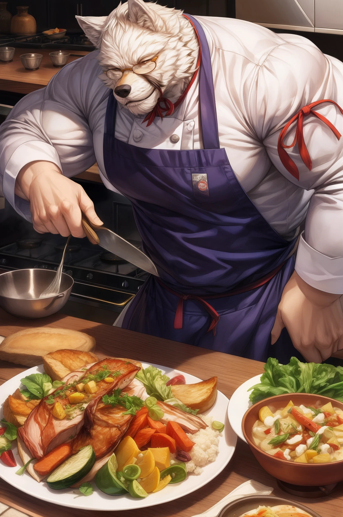 "A powerful and seasoned chef,(furry wolf) with bulging muscles, passionately cooking in a vibrant kitchen filled with the aroma of sizzling vegetables, mustached old man, wearing glasses, detailed, high detailed, realistic, perfect hand."