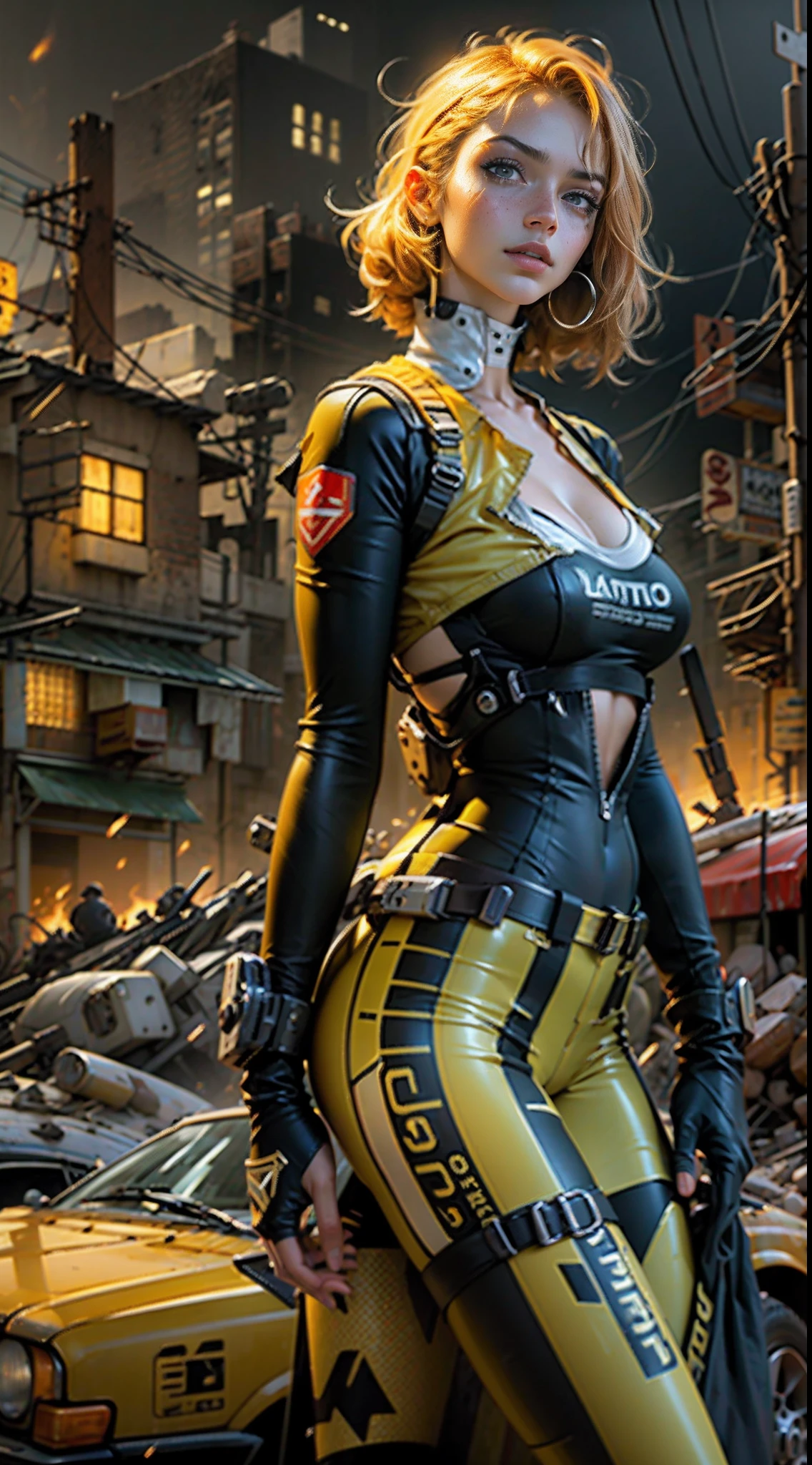 Retrato motor irreal:1.4,CG ultra realista 64K, fotorrealista:1.4, textura da pele:1.4, obra prima:1.4,Beautiful woman posing from behind in yellow latex lingerie posing in an apocalyptic city of fire,knee tights, Cyberpunk, beautiful thin hands,(foto 8k)), HDR ,super realista,...RAW, DETALHES HIPER-REALISTA, (estilo de filme)cores vivas