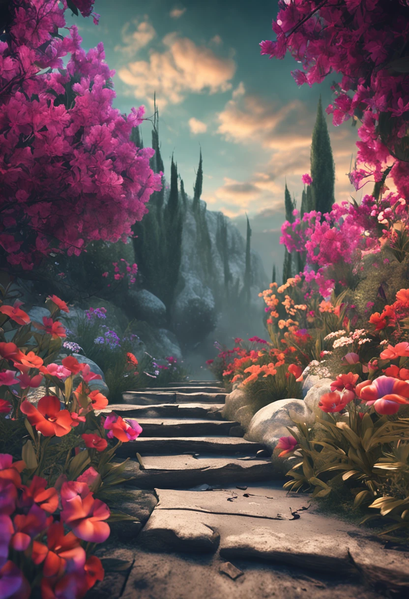 More flowers,A road is covered with flowers,the watercolor style, k hd