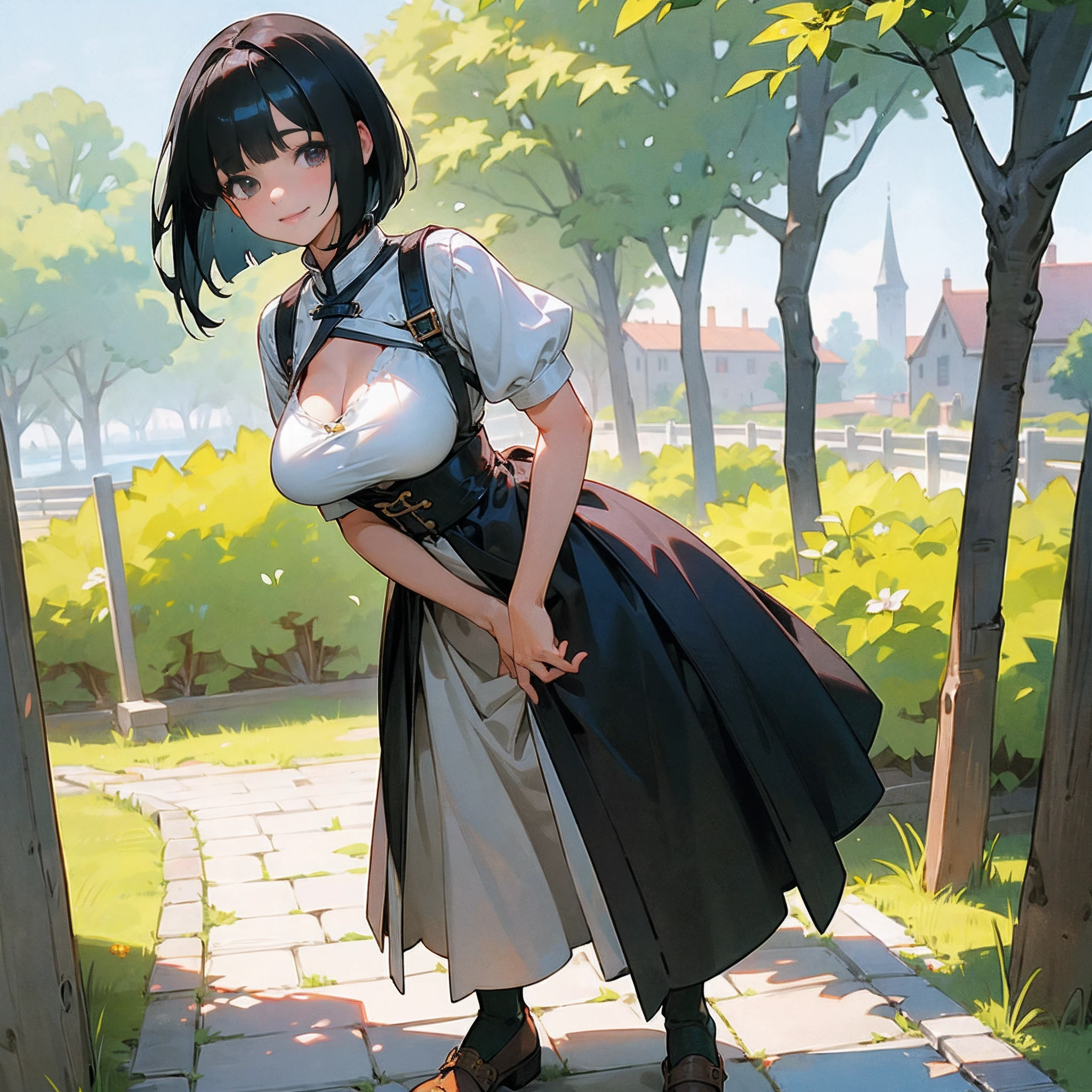 With the best image quality、Teenage girl standing alone outdoors。In high resolution、Beautiful fine details、tranquil atmosphere。((Black Hair Bob Hair))、Cute smile。(((breasts are large)))、I don't have anything in my hands、realistic hand、Medieval European national costume with short sleeves、Medieval European Streets、Leather shoes。