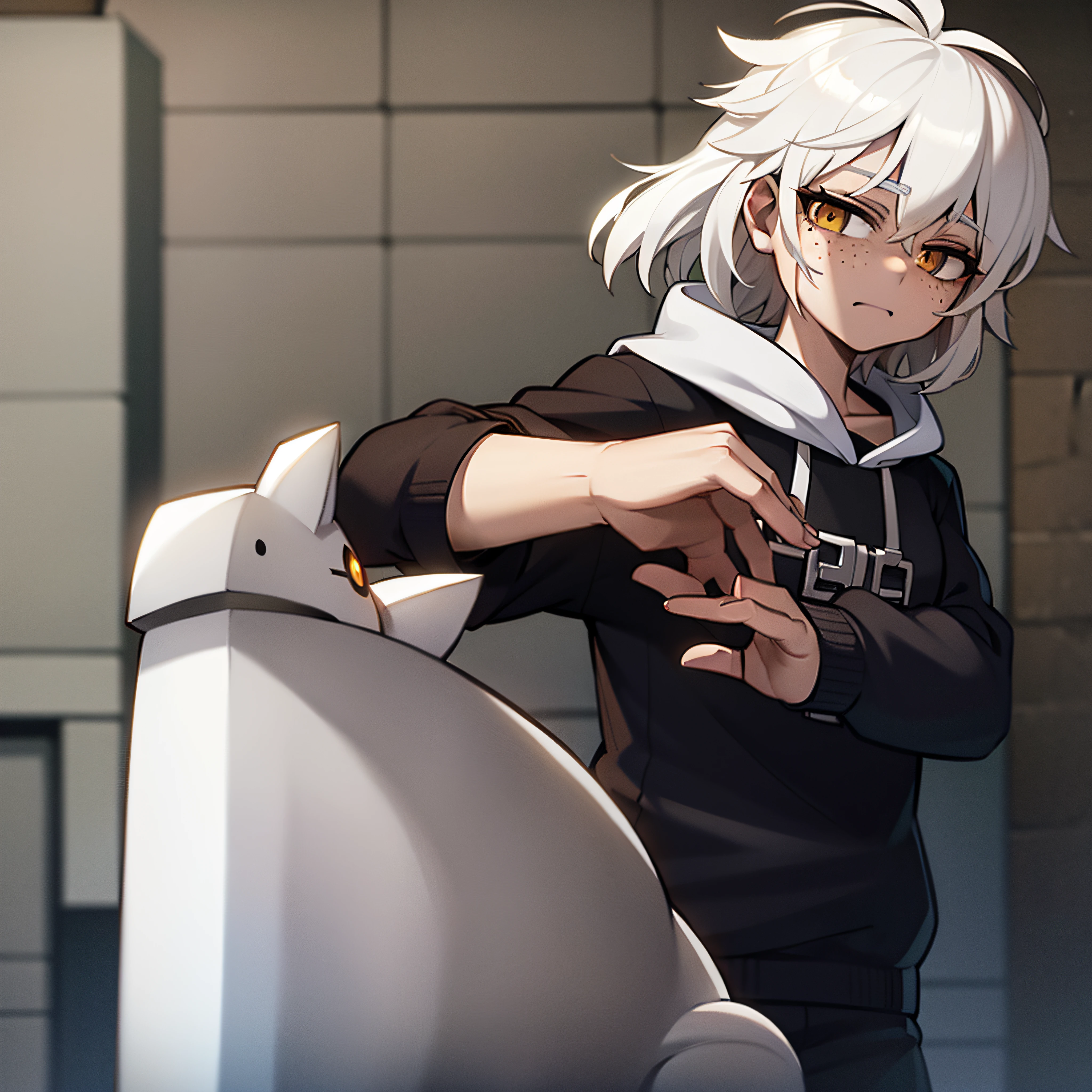 1 anime girl, white hair, wolf girl, freckles, brown skin, short curly hair, black eyes