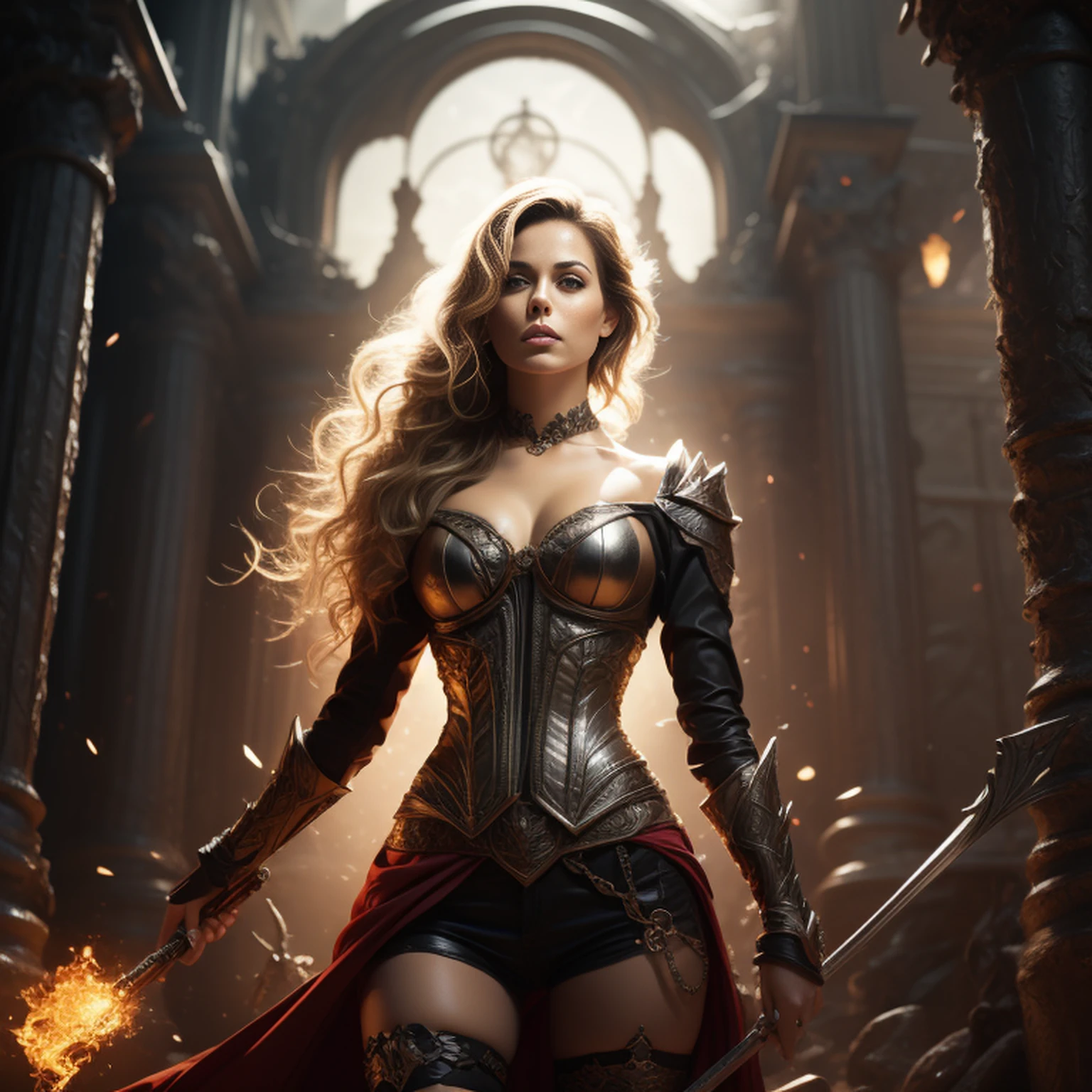 Foice flamejante enorme, Deusa da Morte super poderosa saindo do templo escuro, behind is meteor magic around the body, Gothic style, linda armadura de ouro vermelho, fundo rico, fundo da arte da espada, Film shooting, profundidade de campo, super visual, Super Vision--Estilo Expressivo,it's realistic, it's super high-resolution