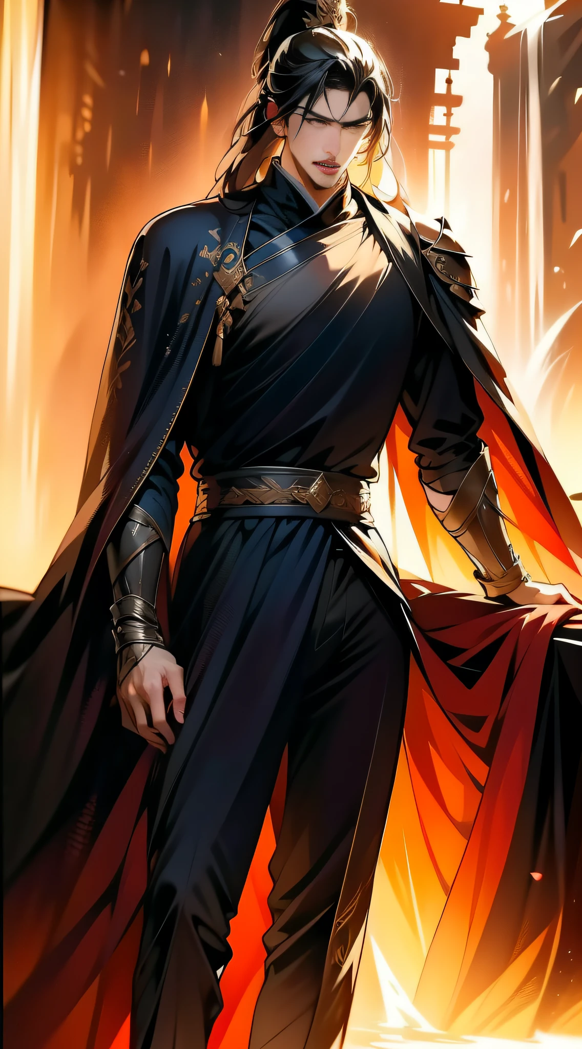knight-errant,Long knife in hand,Wear a cape on his head,Handsome,Background waterfall