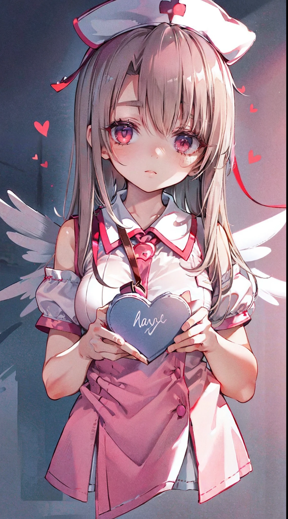 High detail, Heart-shaped pupils，nurse hat，Pink nurse's uniform，Love pupils，cropped shoulders，Lots of hearts，Slender maiden,highly rendered，detailed face with，white stockings，hason，