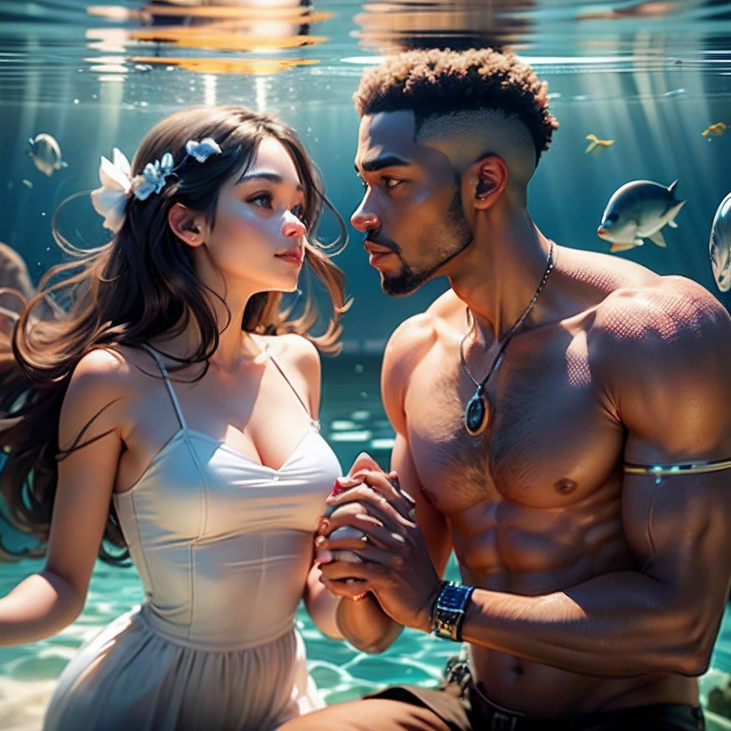 Photo sous-marine, Un couple qui s'embrassent sous l'eau, french kiss, masterpiece, best quality, amazing quality, very aesthetic, sublime, depth of ﬁeld, Low angle, 8k, score_9, score_8, score_7, score_6,femme sublime, Muscle man 