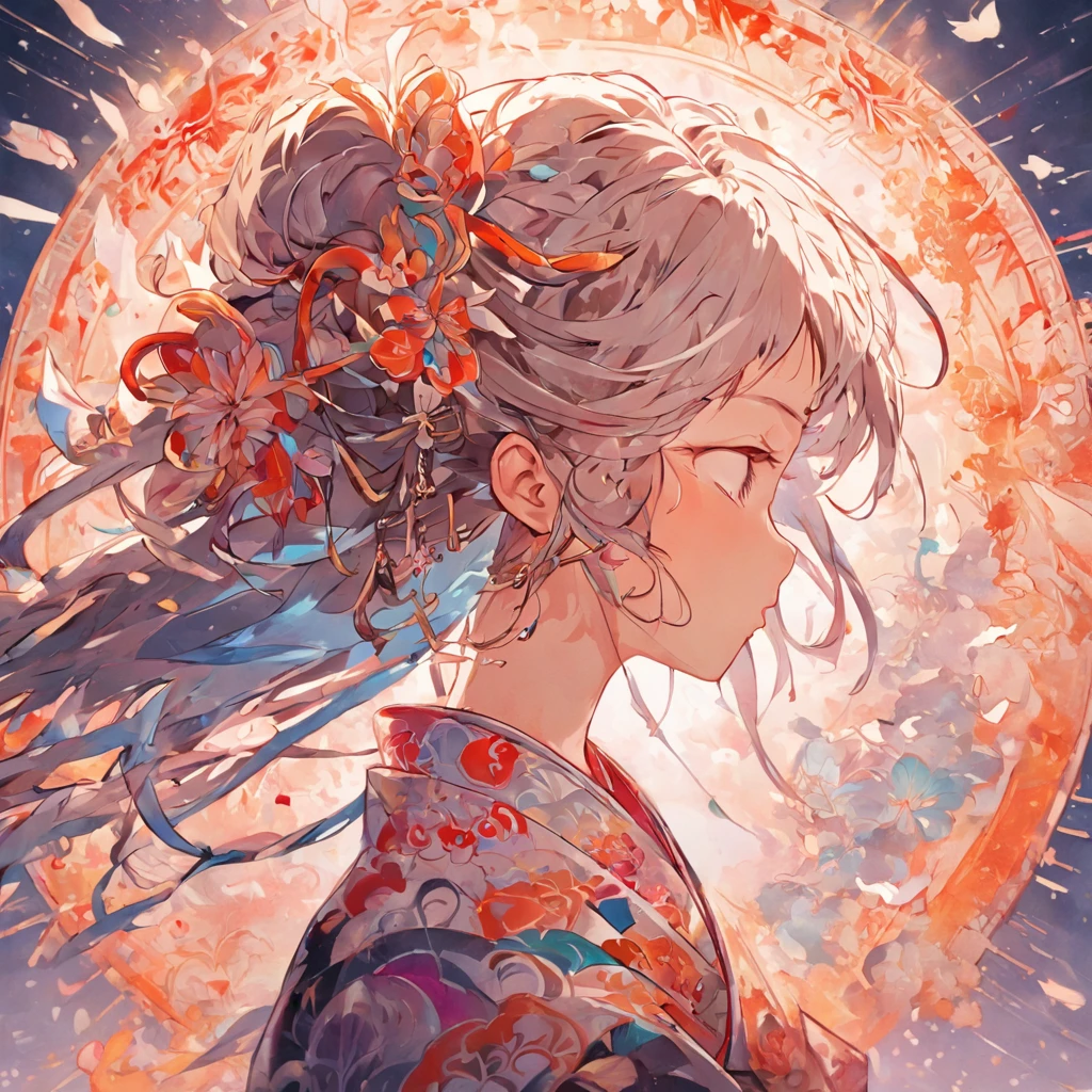 (White background:1.4),(Silhouette of a girl's head, Eyes closed, colorfull long hair, Oriental elements)，(Chinese illustration:1.3，paper art:1.3, Quilted paper art:1.2),( reasonable design, Clear lines, High sharpness,Best quality, Very detailed, Masterpiece, movie light effect, 4K )