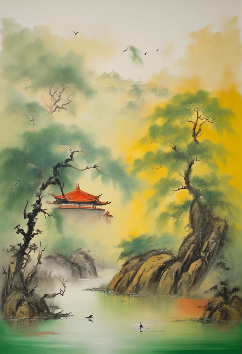 Yellow crane tower，Three cranes，Immortals，baiyun，eventide，green trees，Grass，Smoke waves on the river