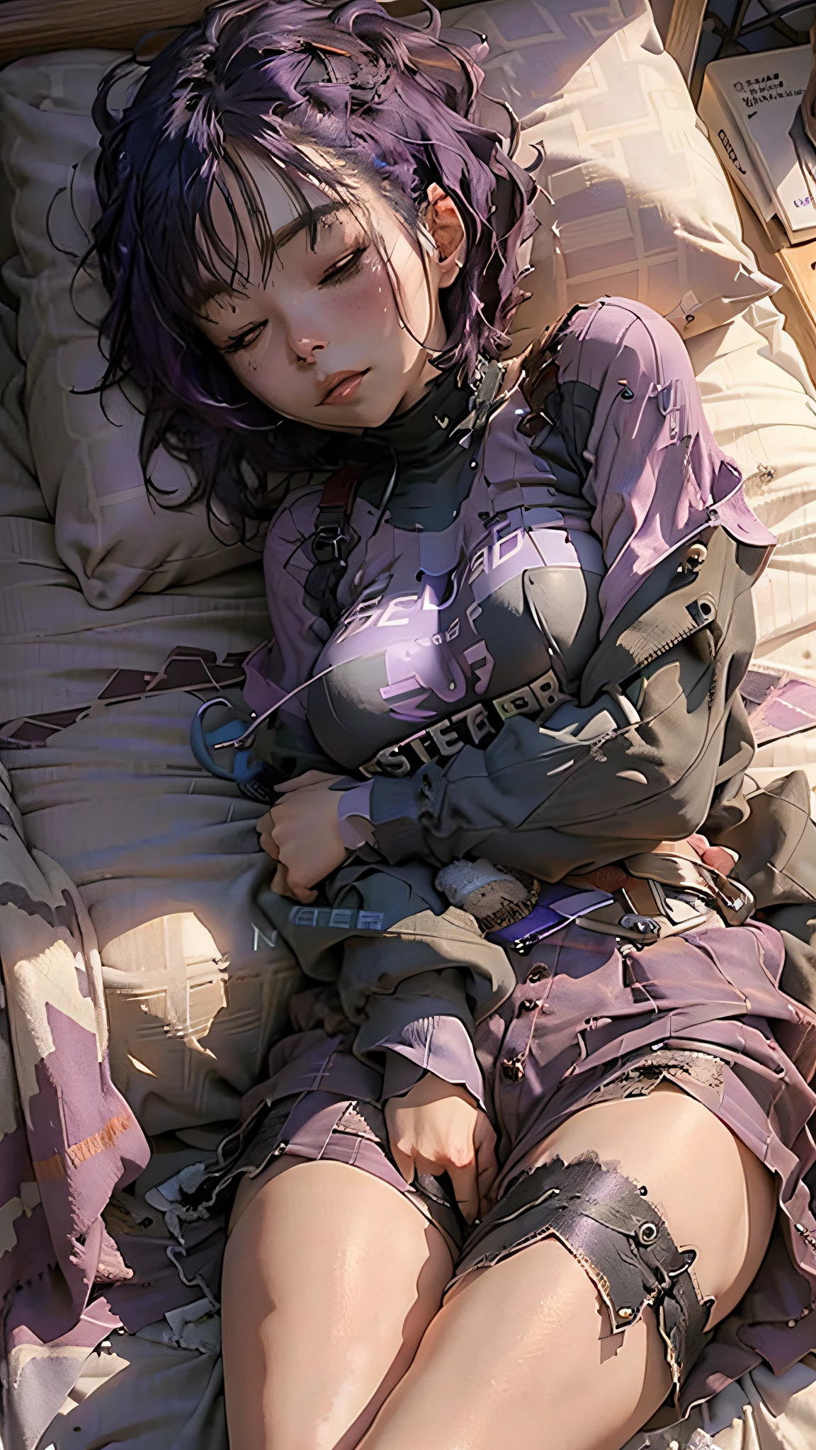 Beautiful woman medium hair、Purple hair、cyberpunk style short clothes、Whip thighs、(((Boyfriend sleeping next to sleeping on bed)))