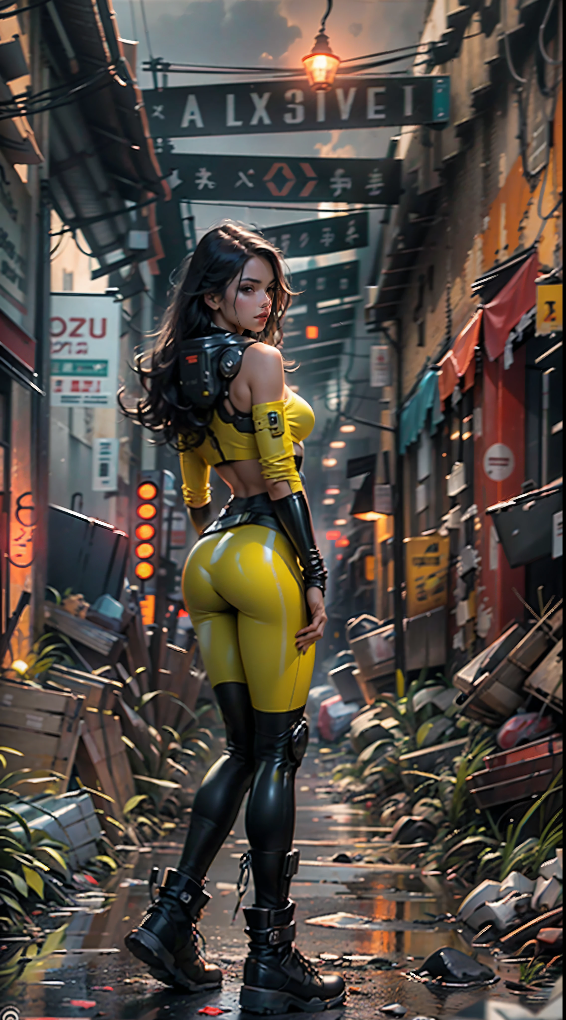 Retrato motor irreal:1.4,CG ultra realista 64K, fotorrealista:1.4, textura da pele:1.4, obra prima:1.4,Beautiful woman posing from behind in yellow latex lingerie posing in an apocalyptic city of fire,knee tights, Cyberpunk, beautiful thin hands,(foto 8k)), HDR ,super realista,...RAW, DETALHES HIPER-REALISTA, (estilo de filme)cores vivas