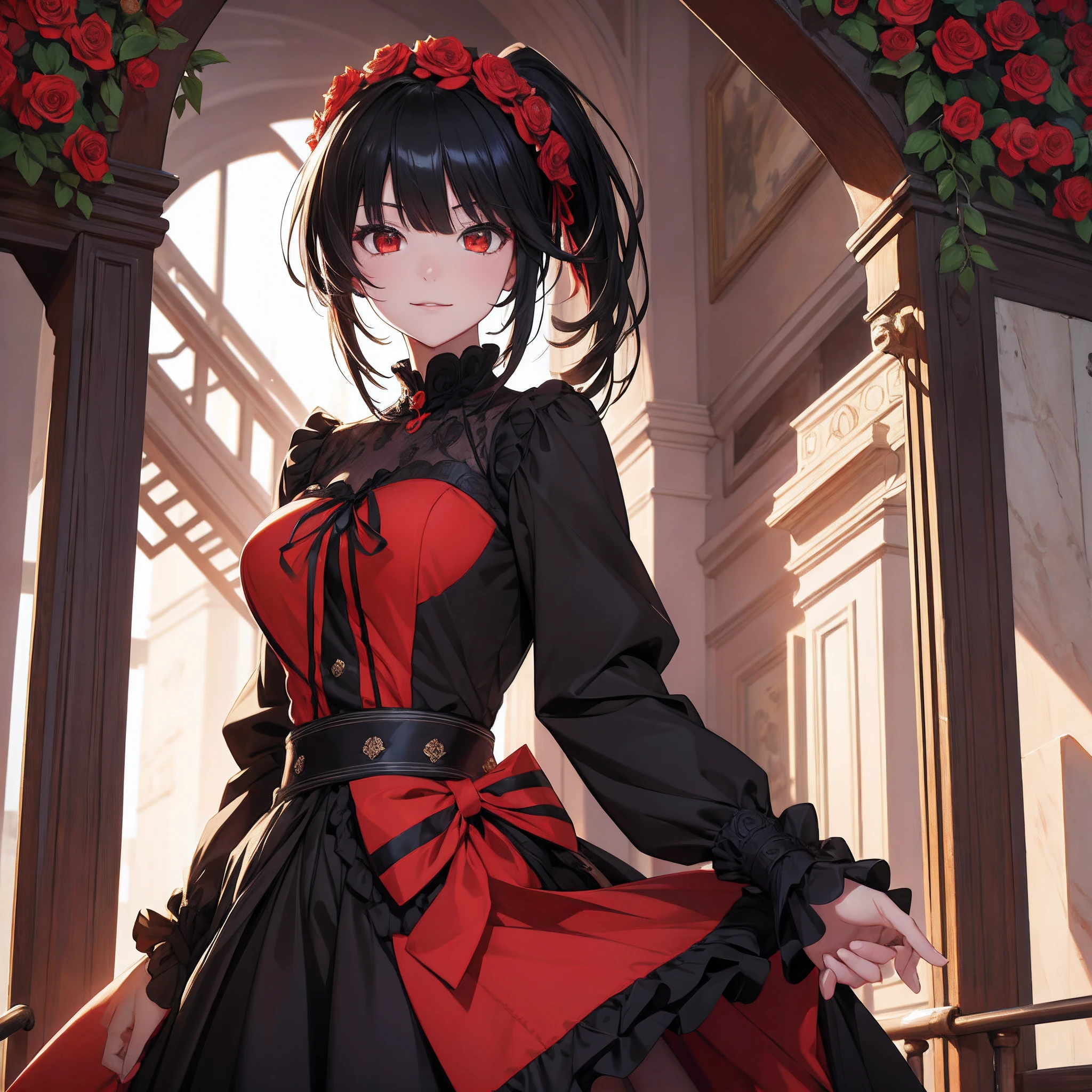((top-quality)), ((masterpiece)), ((ultra-detailliert)),(8k wallpaper:1.2),(Ultra-high resolution:1.2),(masterpiece:1.1),wallpaper,High quality,(High detail),(absurdres, highres, ultra detailed),( best quality:1.2),1girl,tokha Kurumi,yellow and red eyes,black hair, ponytail hairstyle,black and red dress, lightly smiling, heterochromia , absolutely stunning art, extremely detailed, highest quality digital art, surrounded by Roses