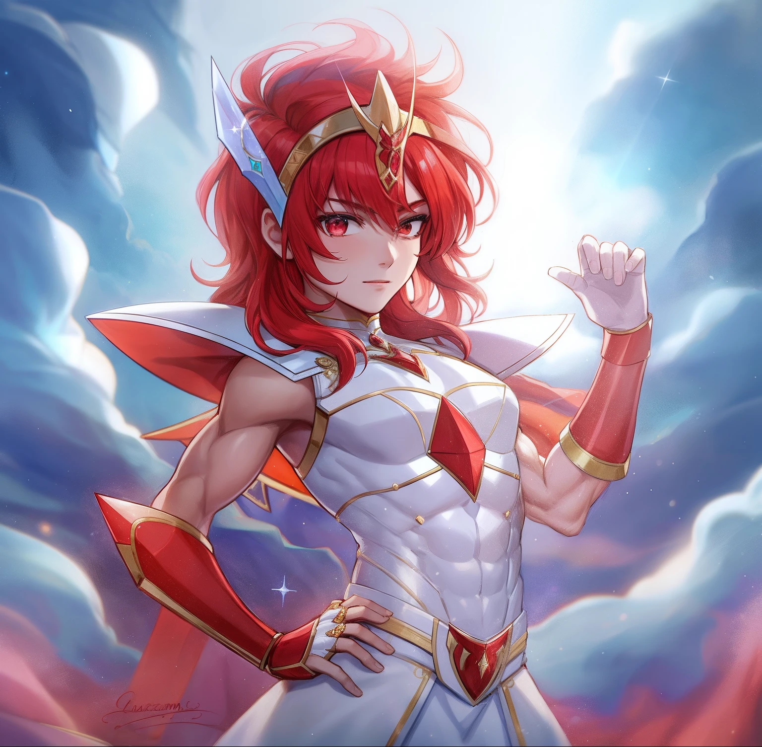 Anime boy in white dress with red hair and sword, Knight of Zodiac Boy, Portrait Knight of Zodiac Boy, Galactic Prince, drawn in the style of artgerm, Muscular men, masculine and muscular, Dress Armor Boy, In ruby armor, Enchanting Prince Night, Commission for high resolution, detailed fan art, Prince of Ruby