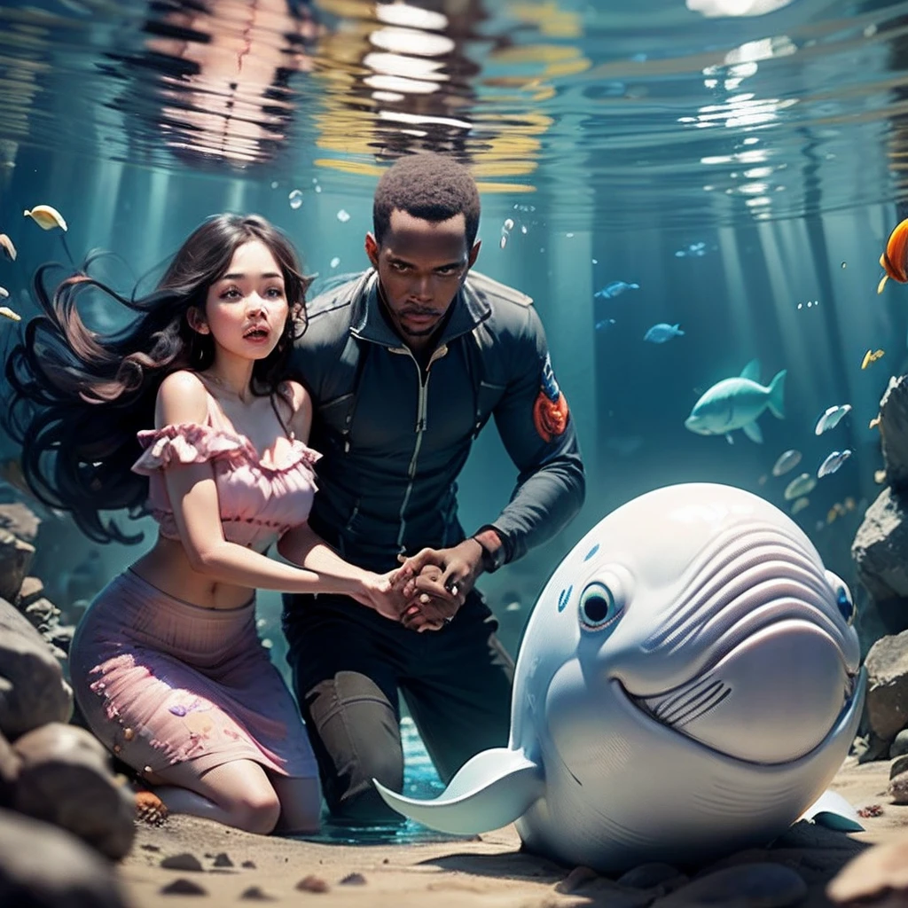 African couple man and woman holding hands and floating in an aquarium under the ground, looking at a whale in the water above their heads, light beaming from the sea shells and sea stones around them, with iridescent light, highly detailed images, vibrant beautiful colours, photorealistic image, 8k, ultra HD, unreal engine rendered, cinematic lighting, artgerm style, --auto --s2
