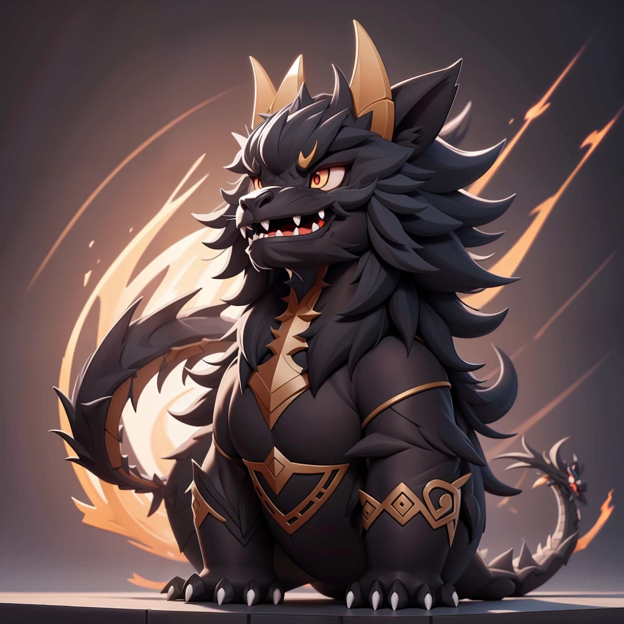Andalusian Chinese Dragon, black and fluffy puffy, best quality, masterpiece