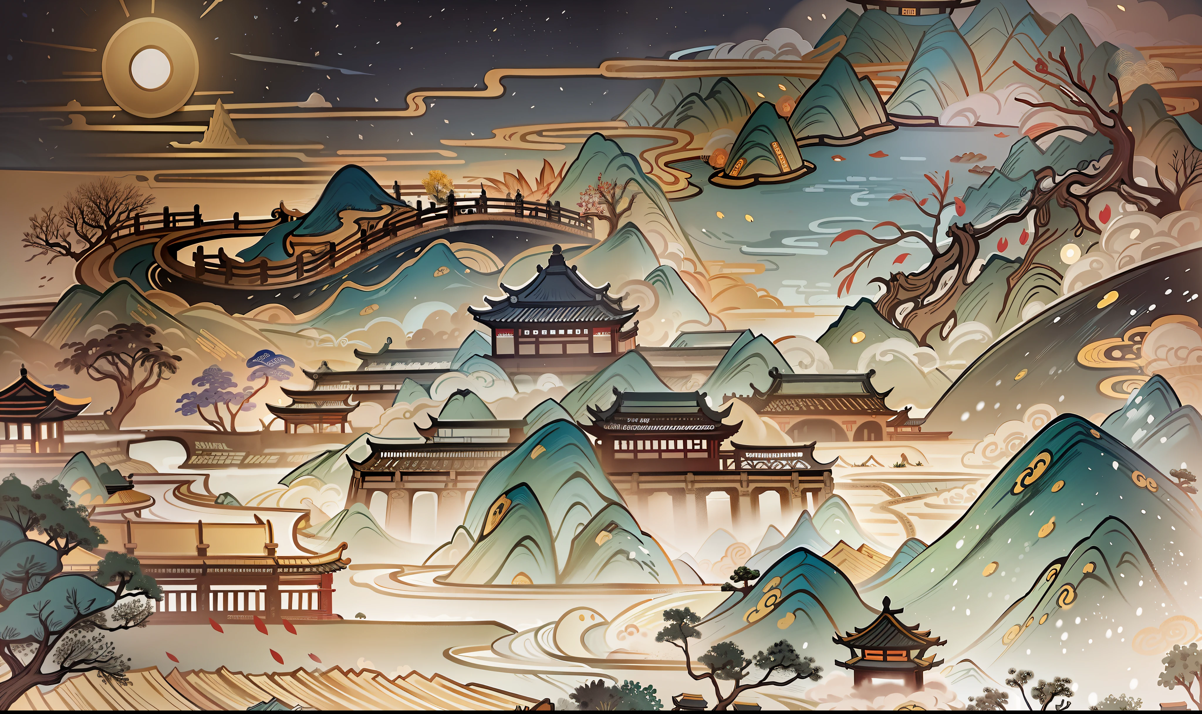 Ancient Chinese landscapes,Ancient buildings,Pavilions,Carved beams and paintings,enchanting scenery,Night,Moon light,Layered, Rich light and shadow,Mid-Autumn Festival, Ink painting style,clean color,Low-saturation colors,Colors of low brightness,Decisive cut,Leave white space,impressionistic,tmasterpiece,ultra - detailed,Epic composition, HighestQuali,hyper realisitc,Art germ --v 6