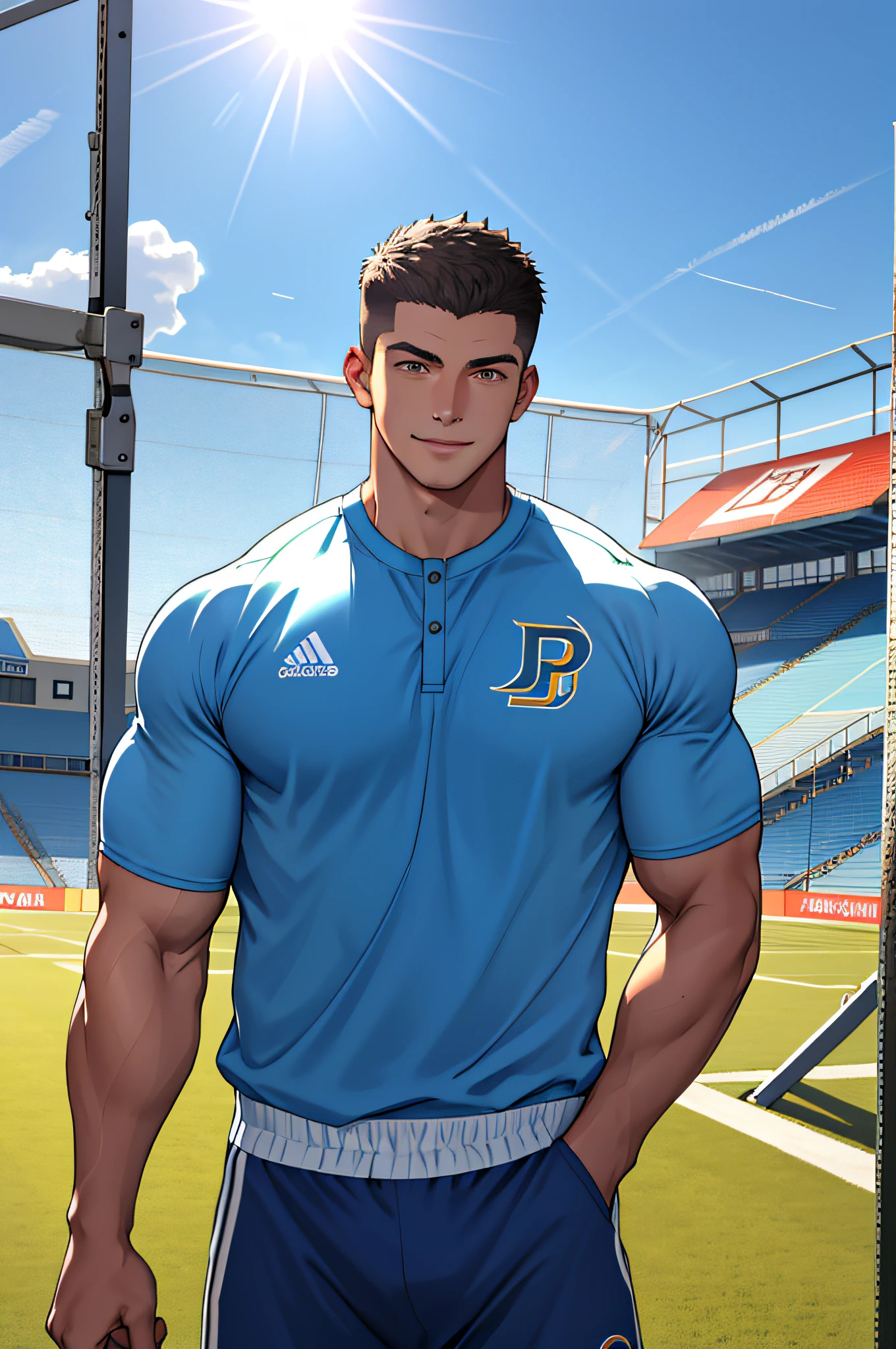 Draw a full-fledged athlete，Stand on the central field of the gym，He wears high-end sportswear，The man looks confident and determined，rays of sunshine，cheerful big breasts，Handsome，Crew cut，full bodyesbian，shooting from below，