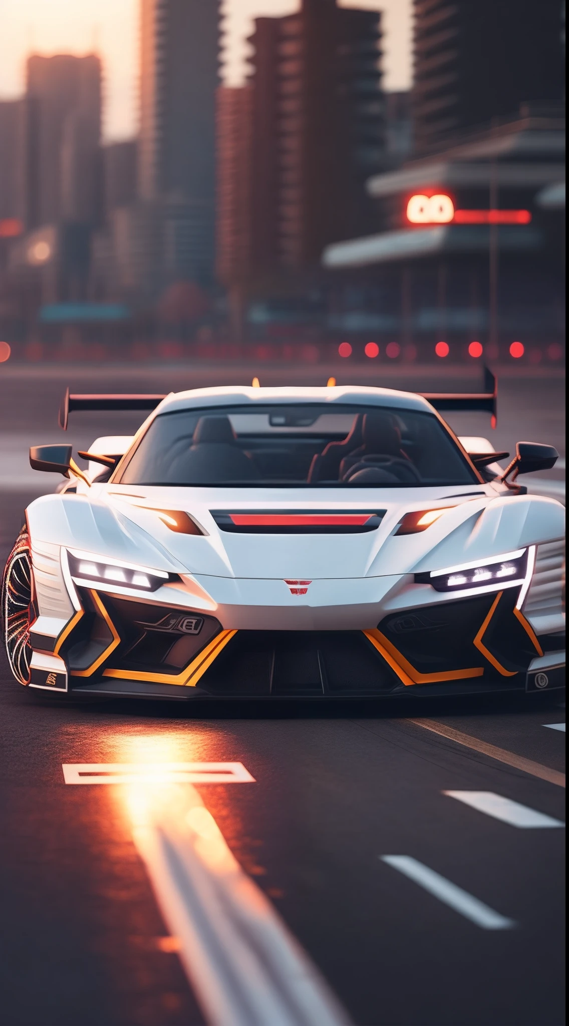 arafed wide body white sports car driving on a city street at night, front view, head on view glowing ember headlights, aggressive front end, no emblems, no emblem on grill, hq 4k phone wallpaper, hq 4k wallpaper, 8k stunning artwork, wallpaper 4k, wallpaper 4 k, 4 k render, 4k render, cinematic 4k wallpaper, cinematic 4 k wallpaper, cinematic front shot, wallpaper mobile, extreme render, 8k render, 8 k render, shallow depth of field,