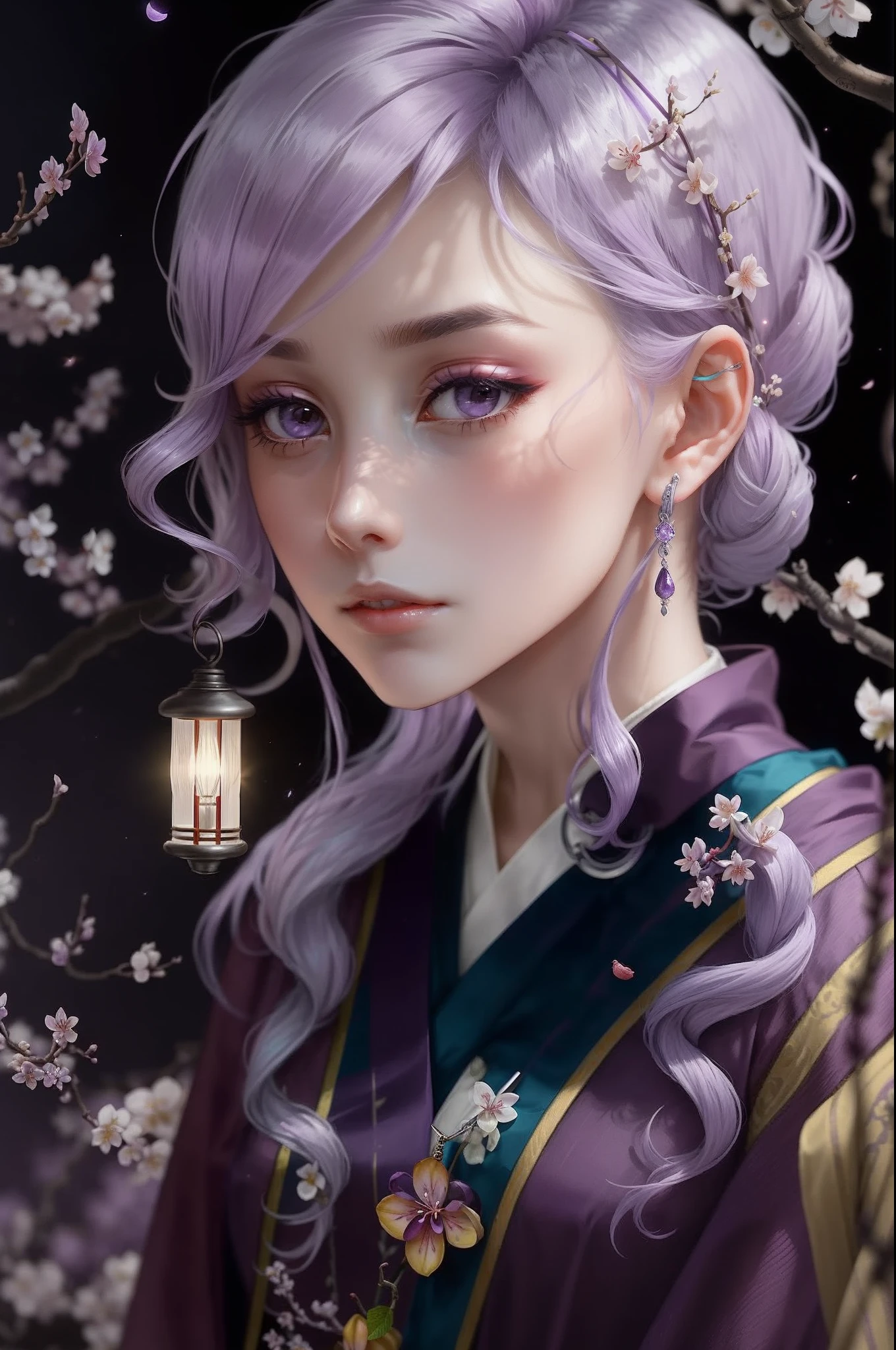 Her lilac hair was coiled,There is a lot of jewelry on the hair,Also exquisite,Golden hairpins and silver hairpins,She held the scroll,Dressed in light purple robes,No expression,I only looked down at the plum blossom branch on the case,There is a sense of loneliness that belongs alone to the absolute superior